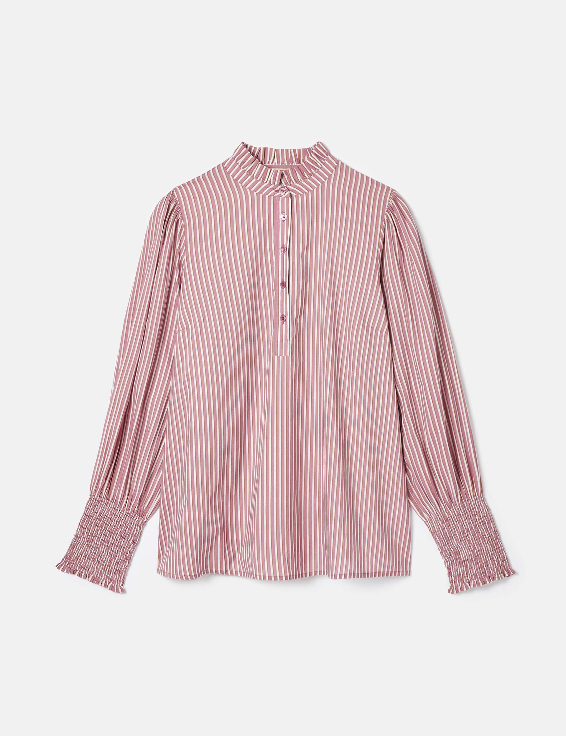 Joules Women's Pure Cotton Striped Frill Neck Blouse - 12 - Pink Mix, Pink Mix