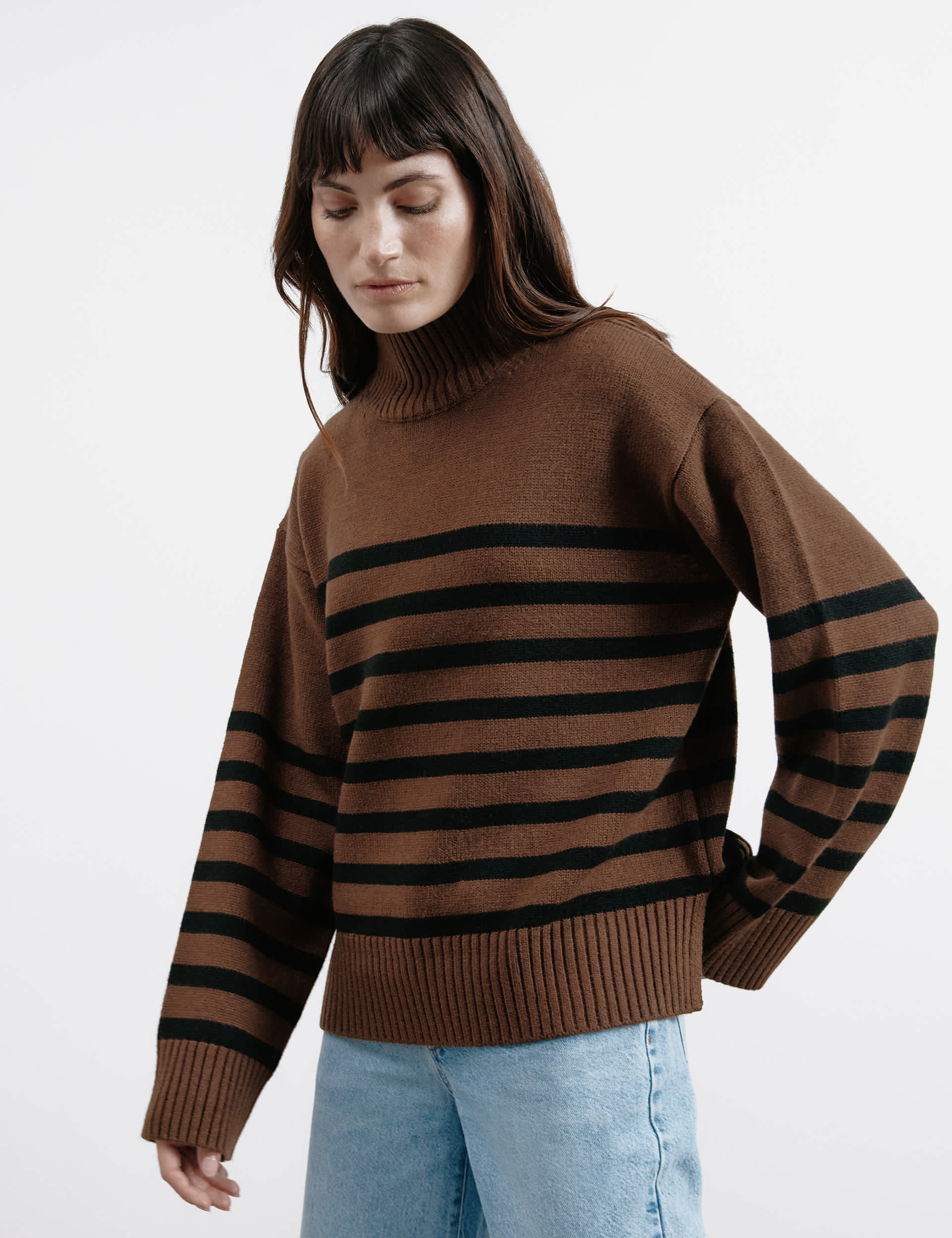 Albaray Women's Striped Funnel Neck Jumper with Wool - 10 - Brown Mix, Brown Mix