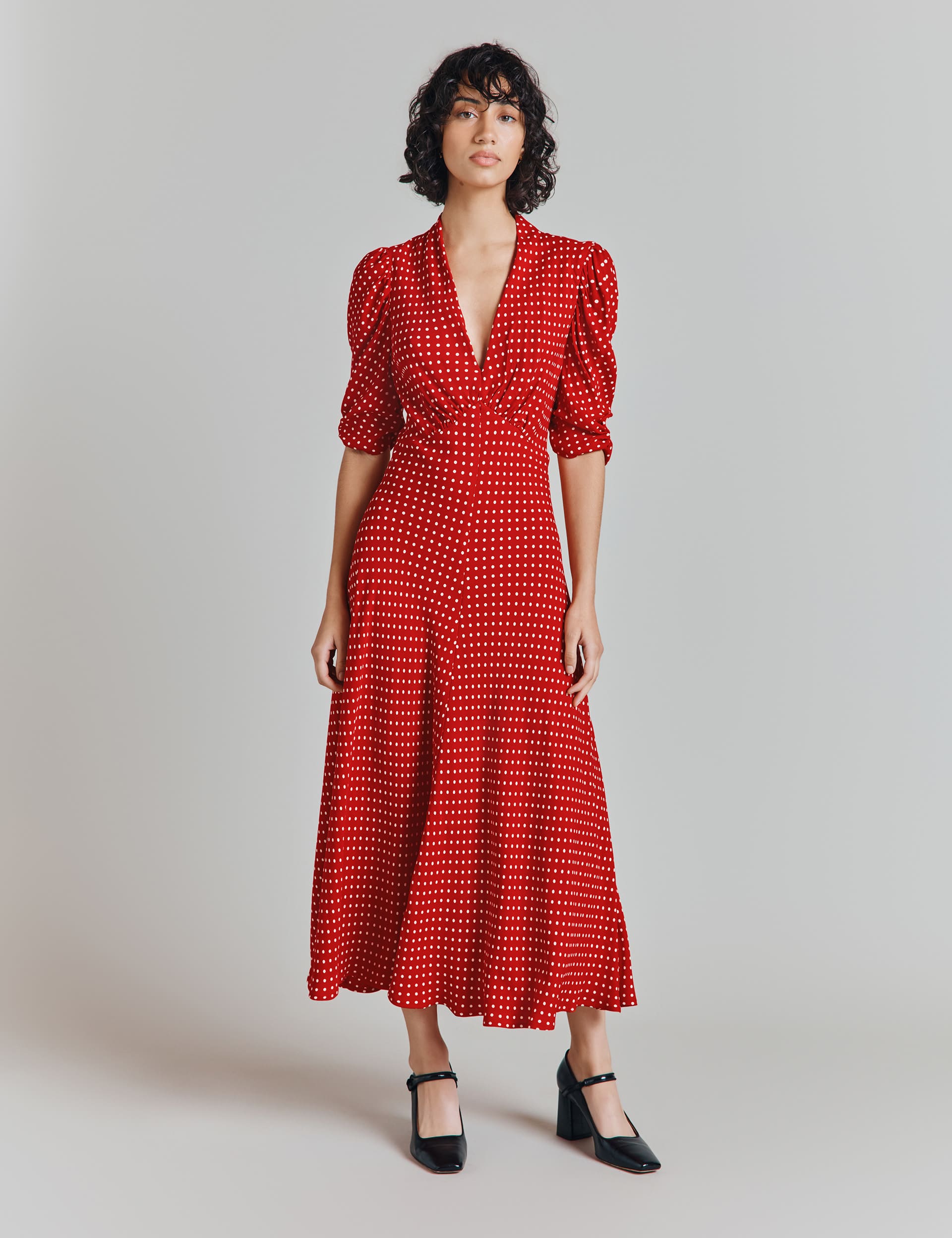 Ghost Women's Crepe Polka Dot V-Neck Midi Tea Dress