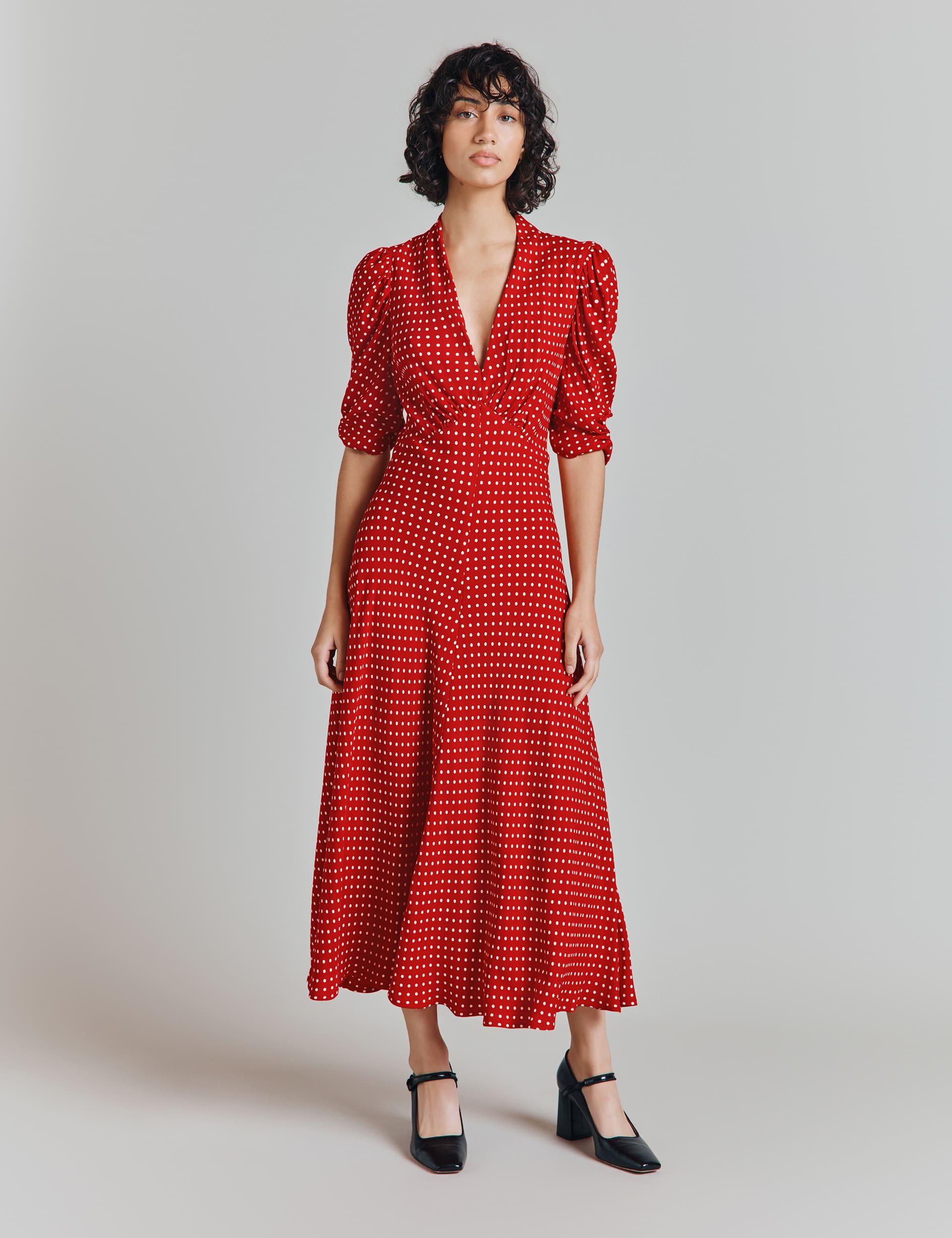 Ghost Women's Crepe Polka Dot V-Neck Midi Tea Dress - Red Mix, Red Mix