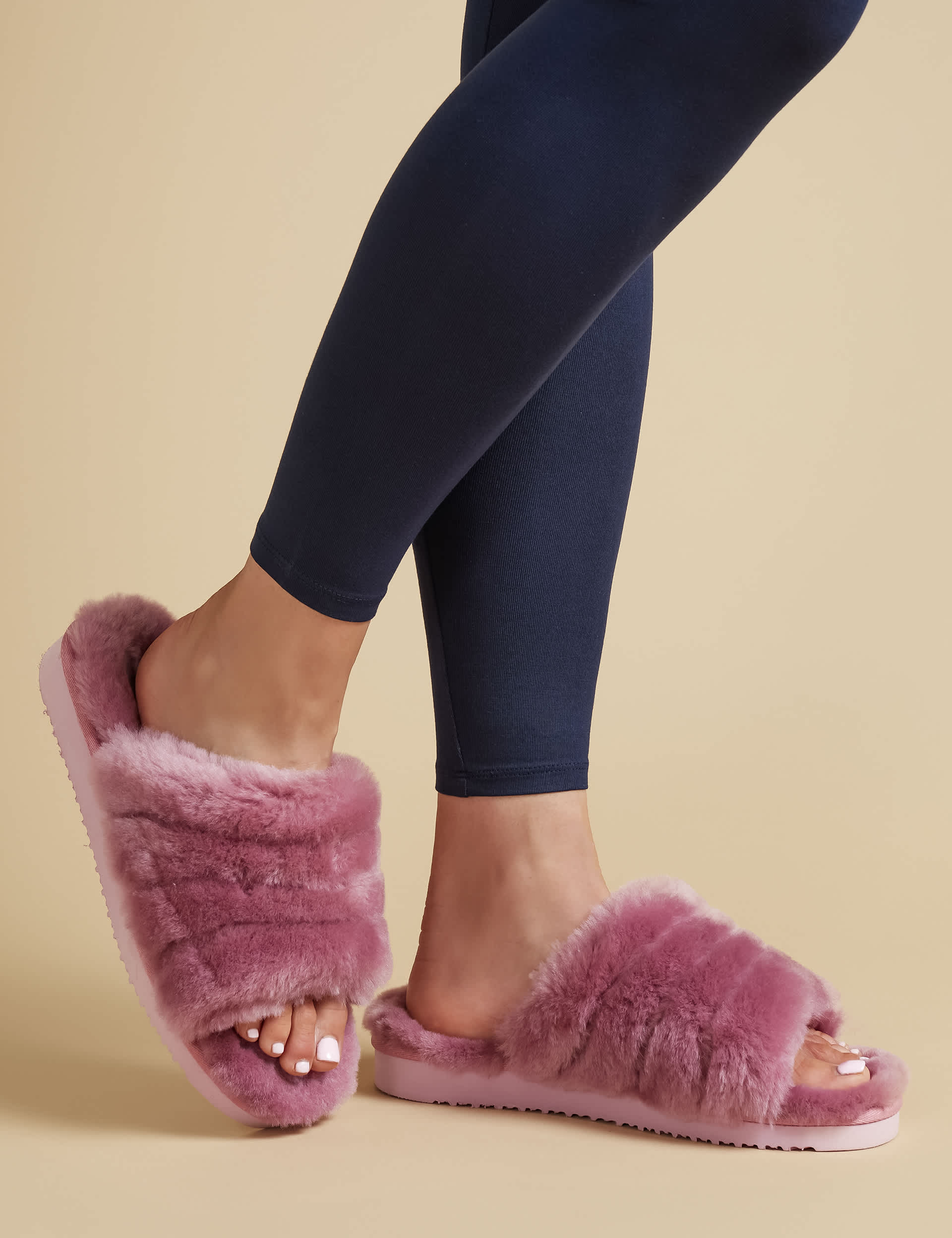 Jones Bootmaker Women's Faux Fur Open Toe Mule Slippers - 5 - Pink, Grey,Pink