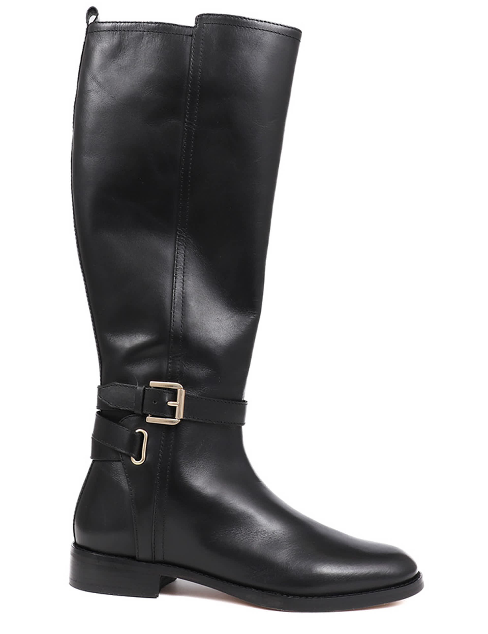 Jones Bootmaker Women's Leather Buckle Block Heel Riding Boots - 6 - Black, Black,Tan