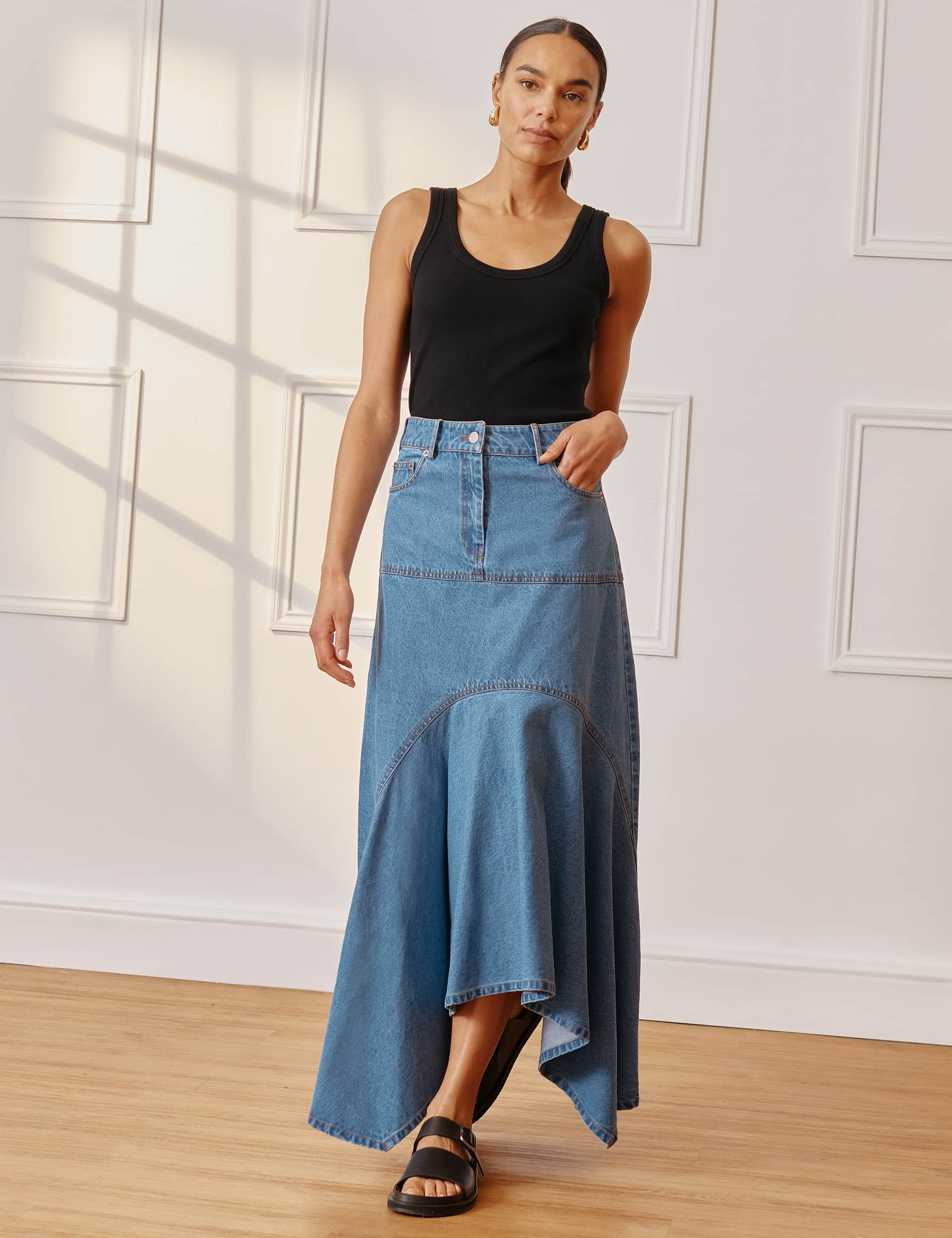 Albaray Women's Denim Maxi Asymmetric Skirt - 8 - Indigo, Indigo