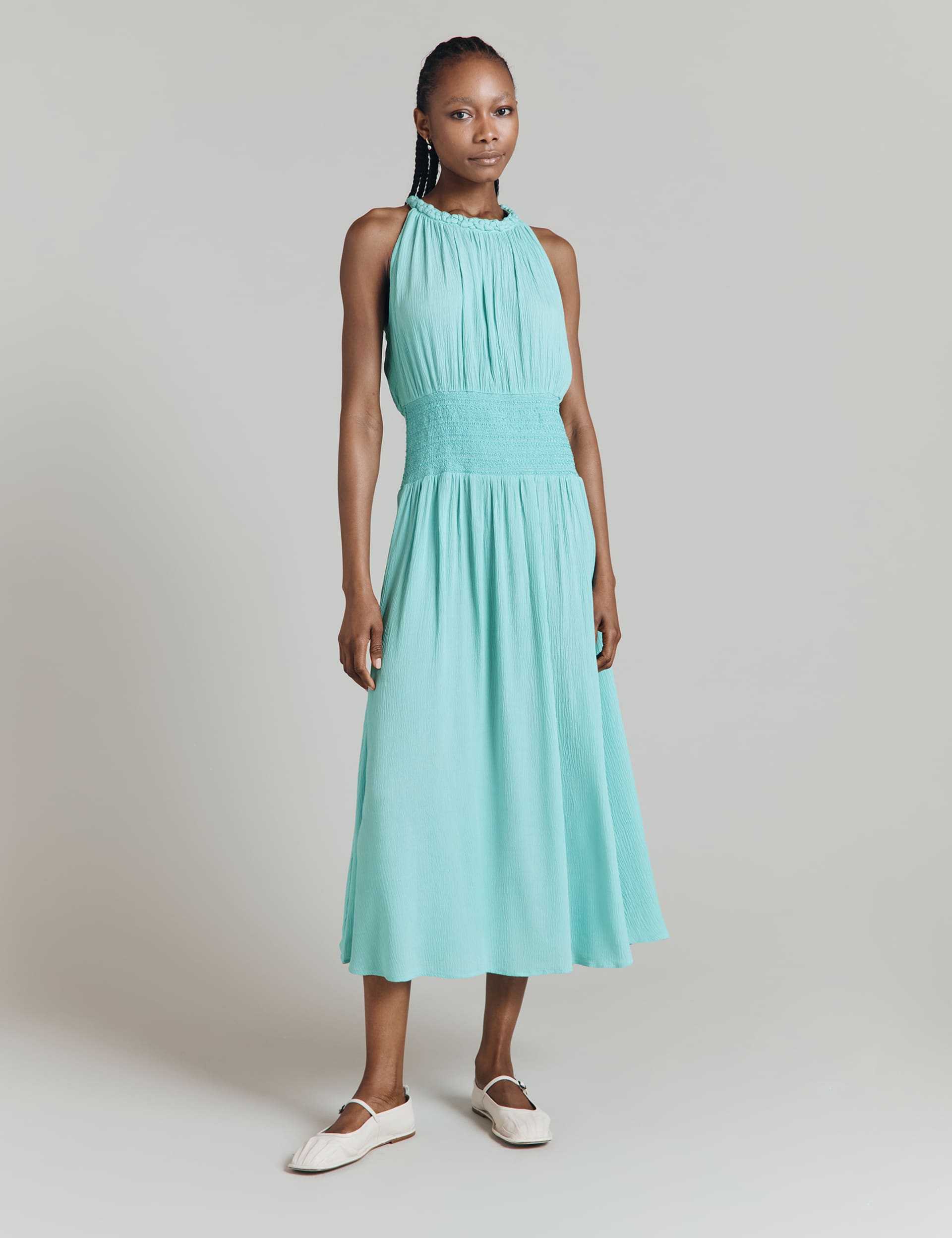 Ghost Women's Textured Shirred Detail Midi Waisted Dress