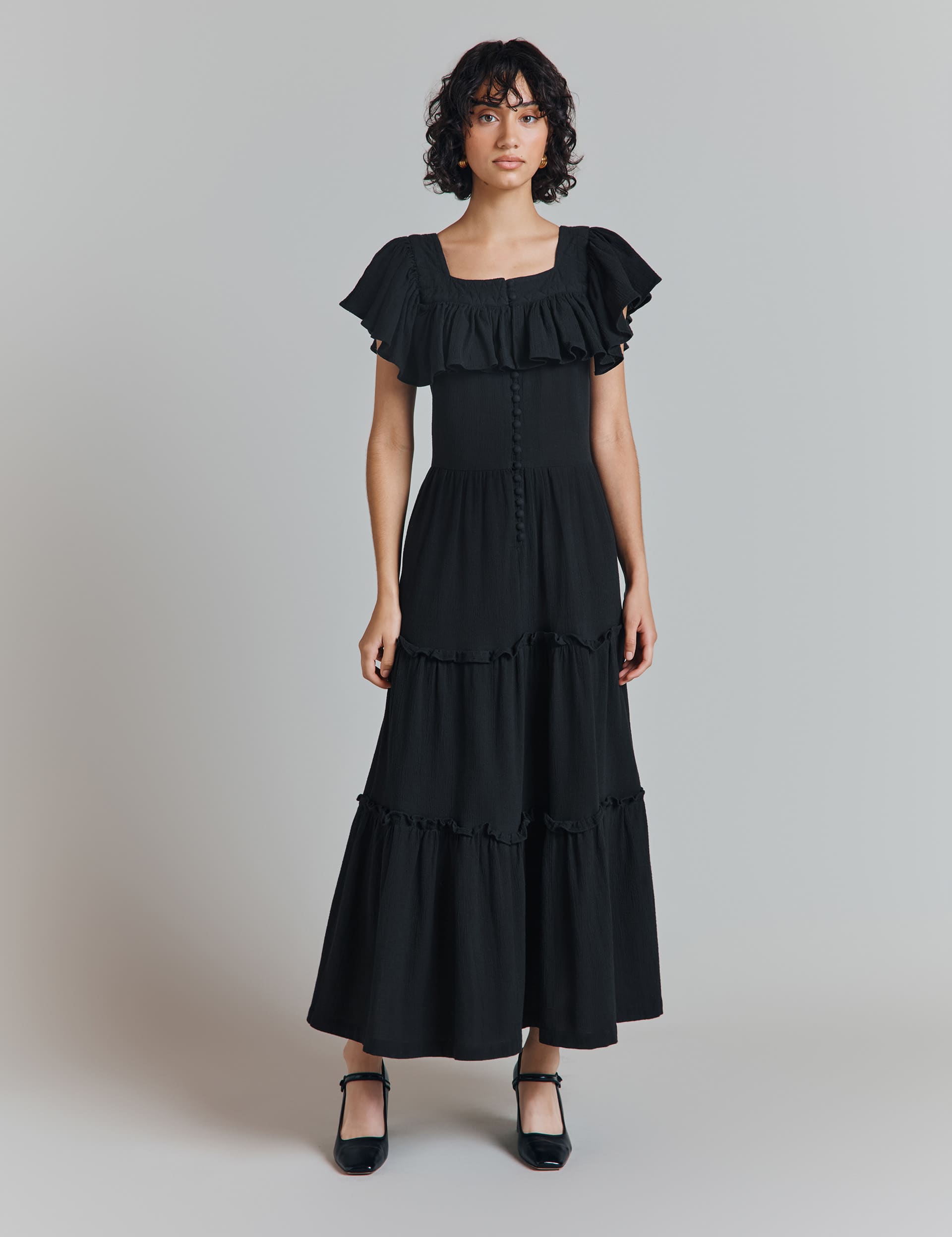 Ghost Women's Pure Cotton Square Neck Cape Midi Tiered Dress - Black, Black