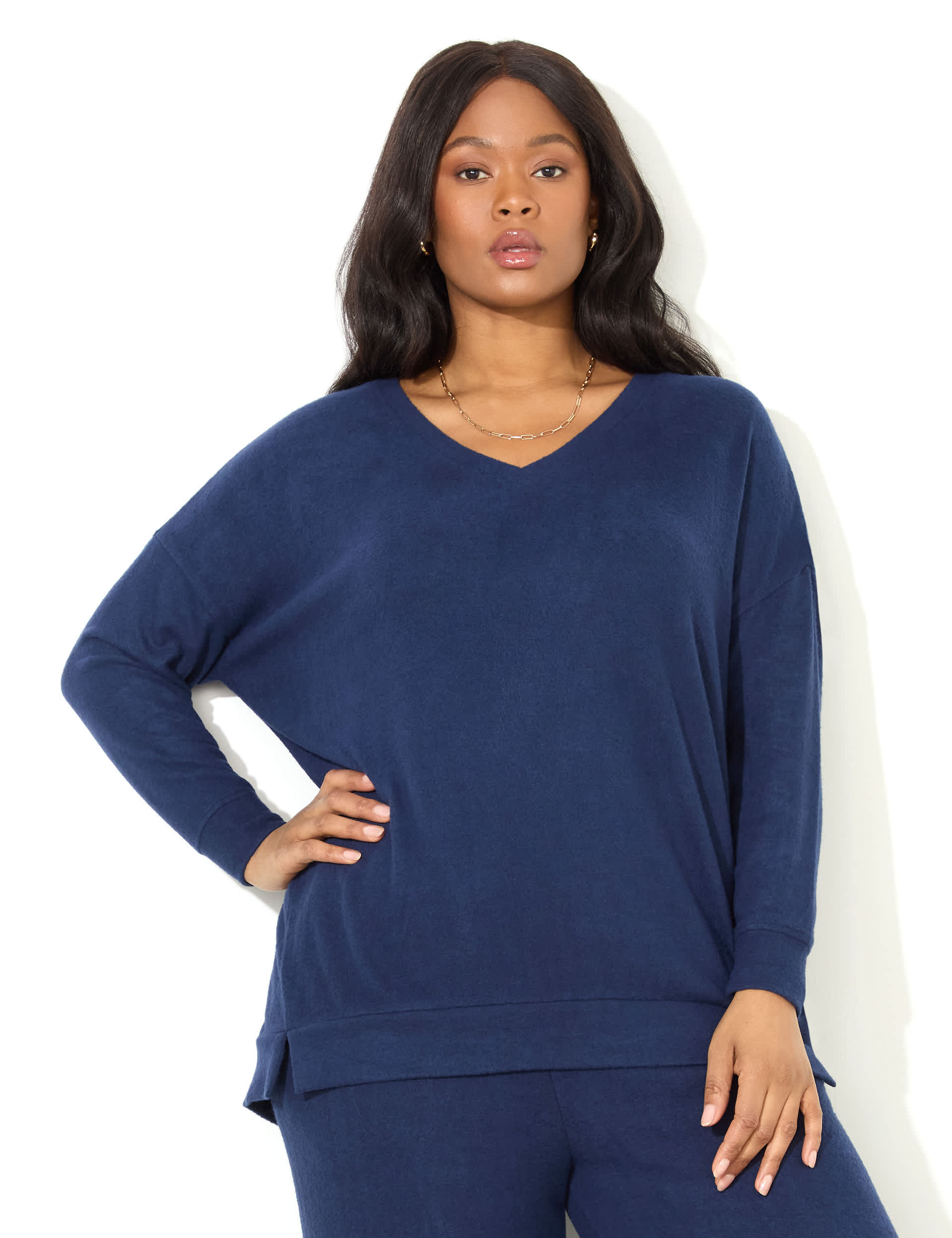 Live Unlimited London Women's Jersey V-Neck Relaxed Longline Top - 20 - Navy, Navy