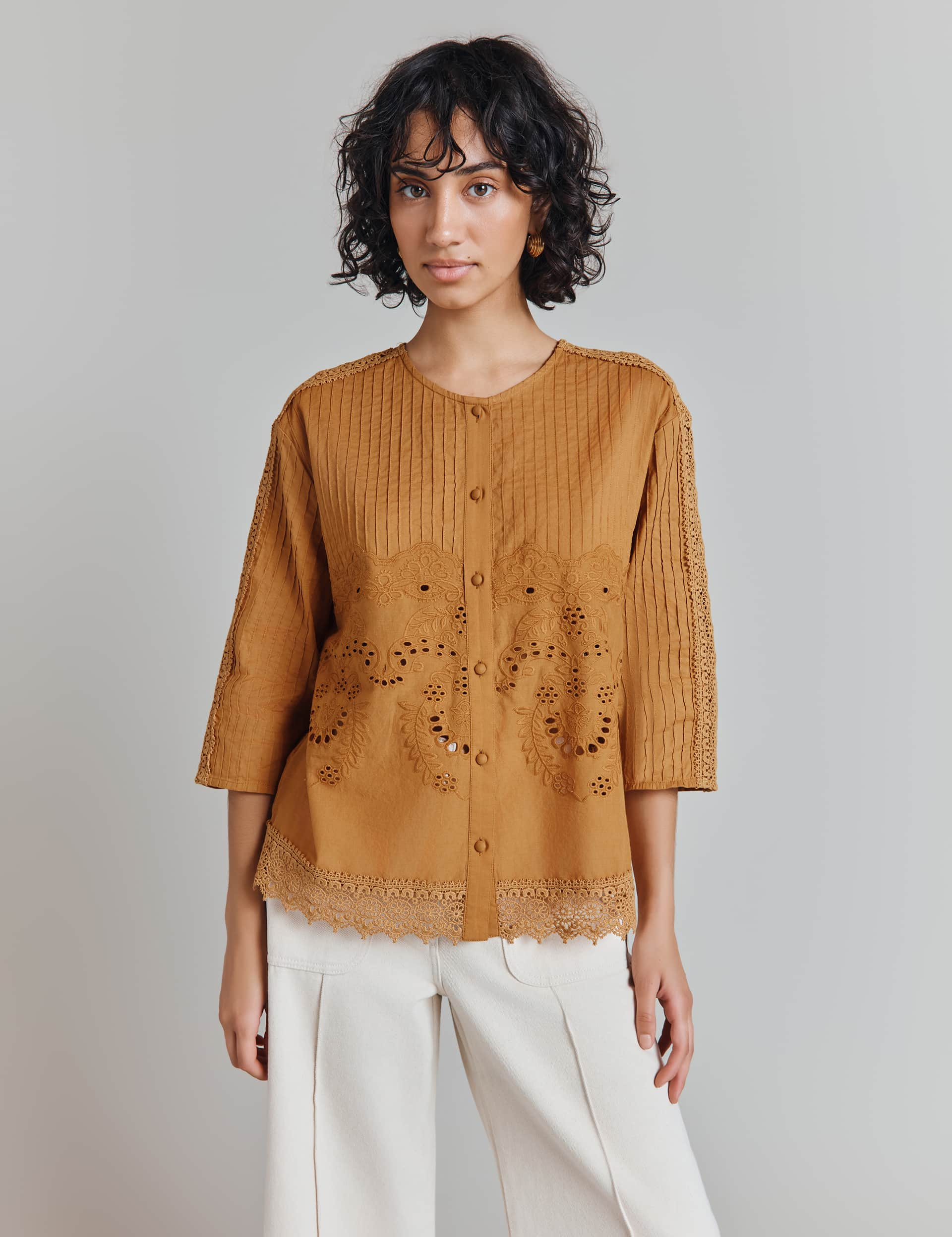 Ghost Women's Pure Cotton Broderie Lace Detail Blouse - Brown, Brown