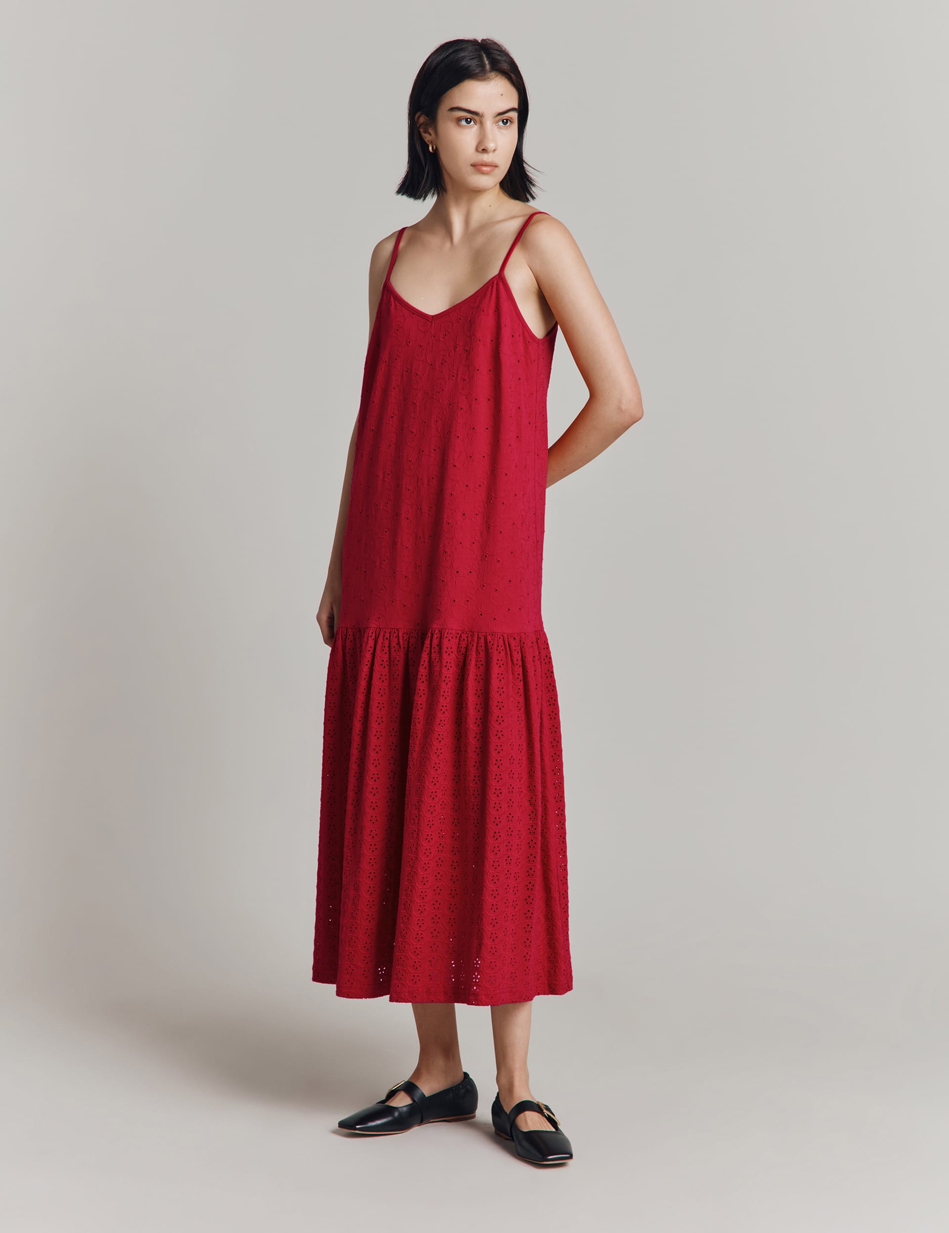 Ghost Women's Pure Cotton Jersey Embroidered Midi Slip Dress  Red