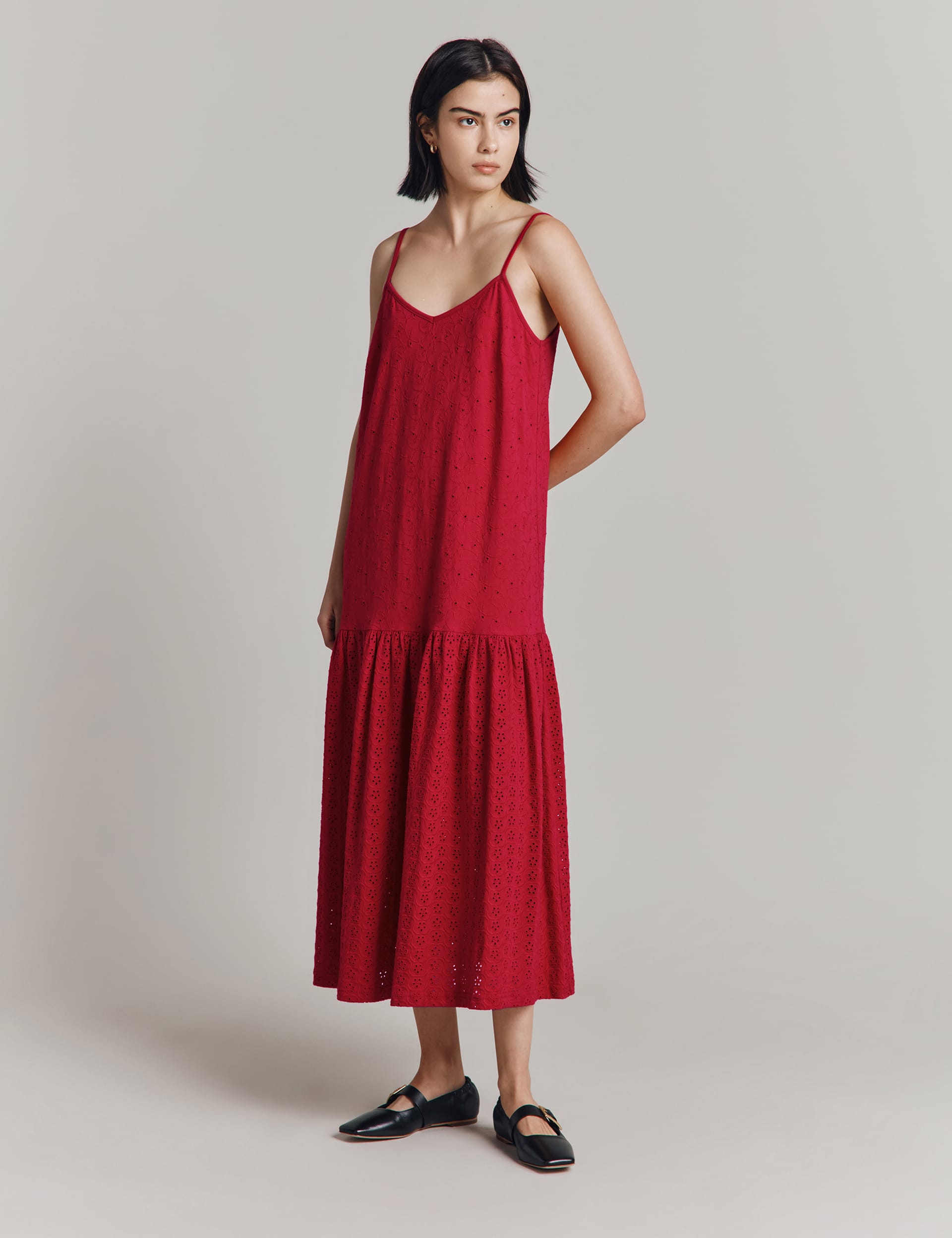 Ghost Women's Pure Cotton Jersey Embroidered Midi Slip Dress, Red