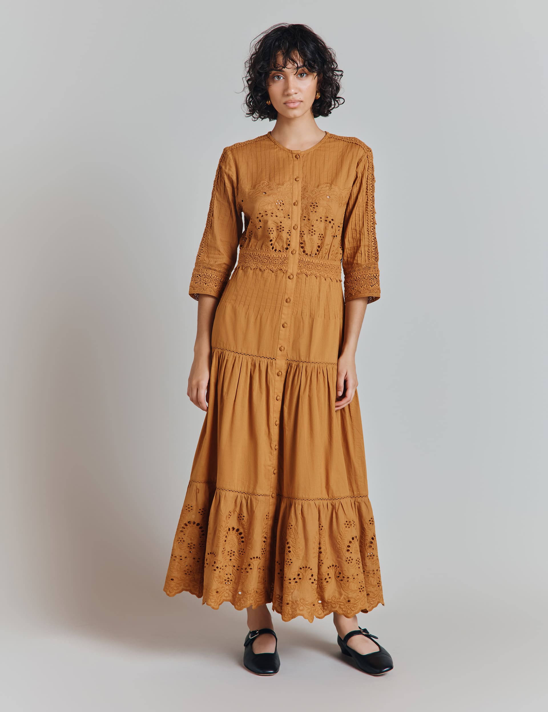 Ghost Women's Pure Cotton Embroidered Midaxi Tea Dress - Brown, Brown