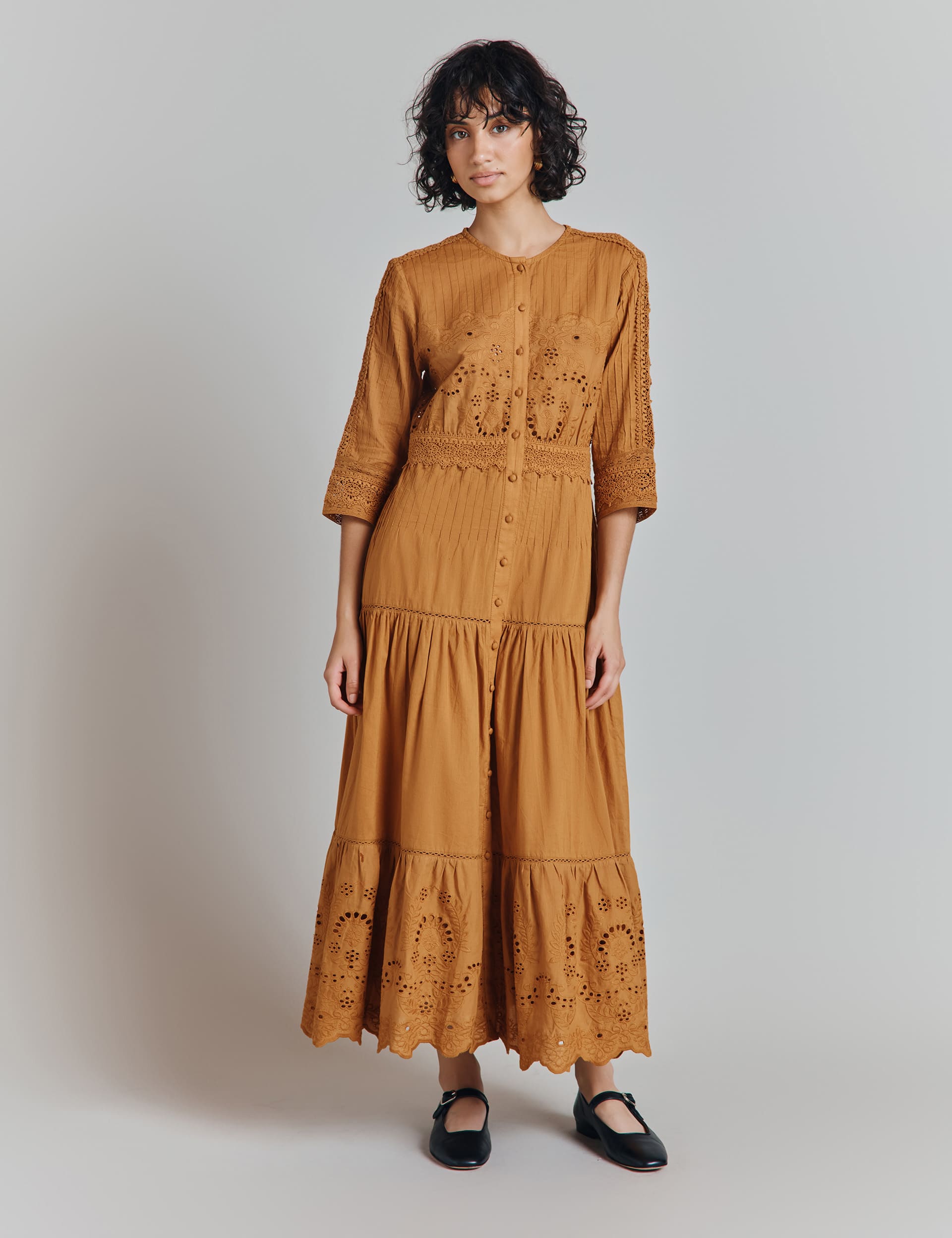 Ghost Women's Pure Cotton Embroidered Midaxi Tea Dress - Brown, Brown