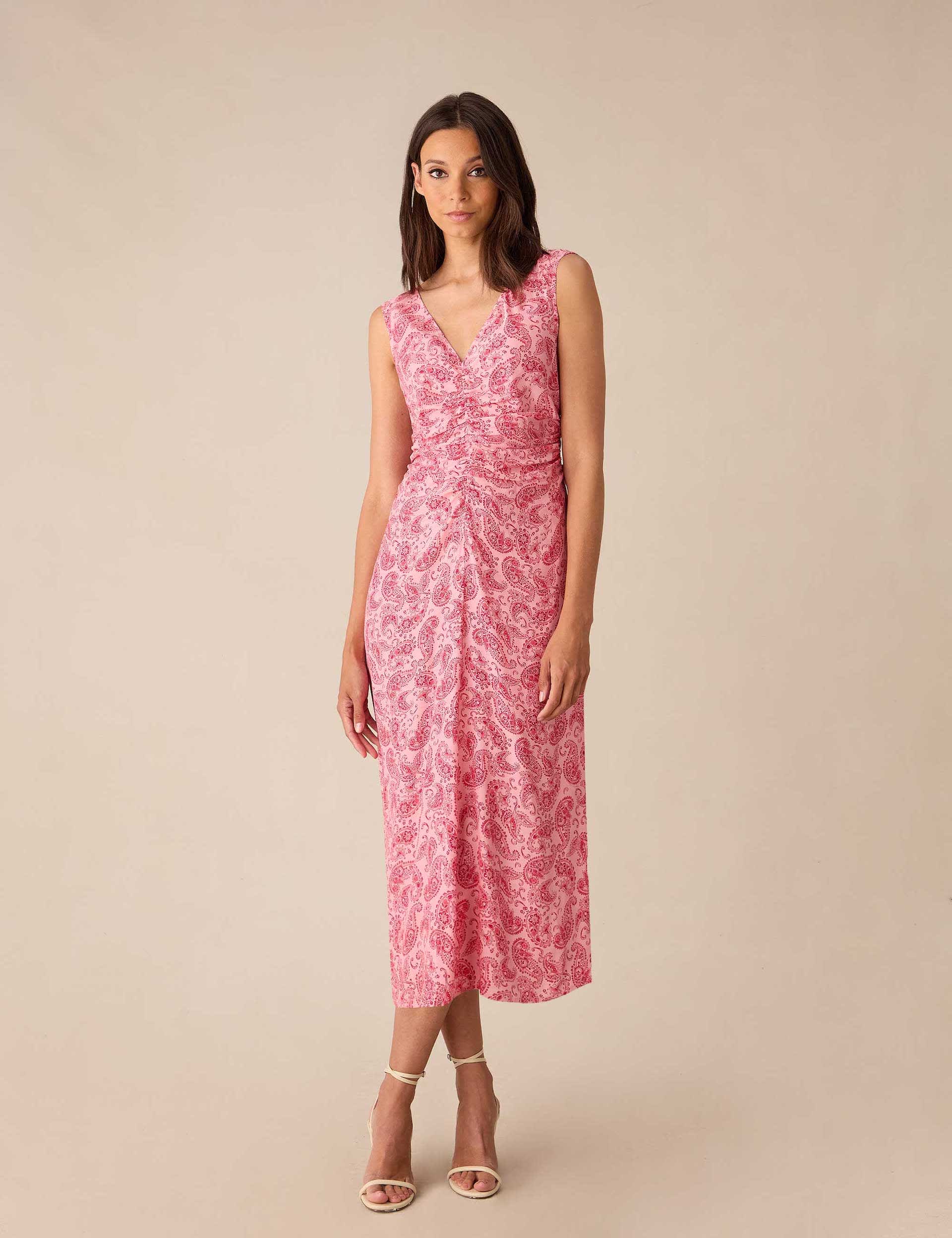 Ro&Zo Women's Paisley V-Neck Ruched Midi Column Dress - 10REG - Light Pink Mix, Light Pink Mix