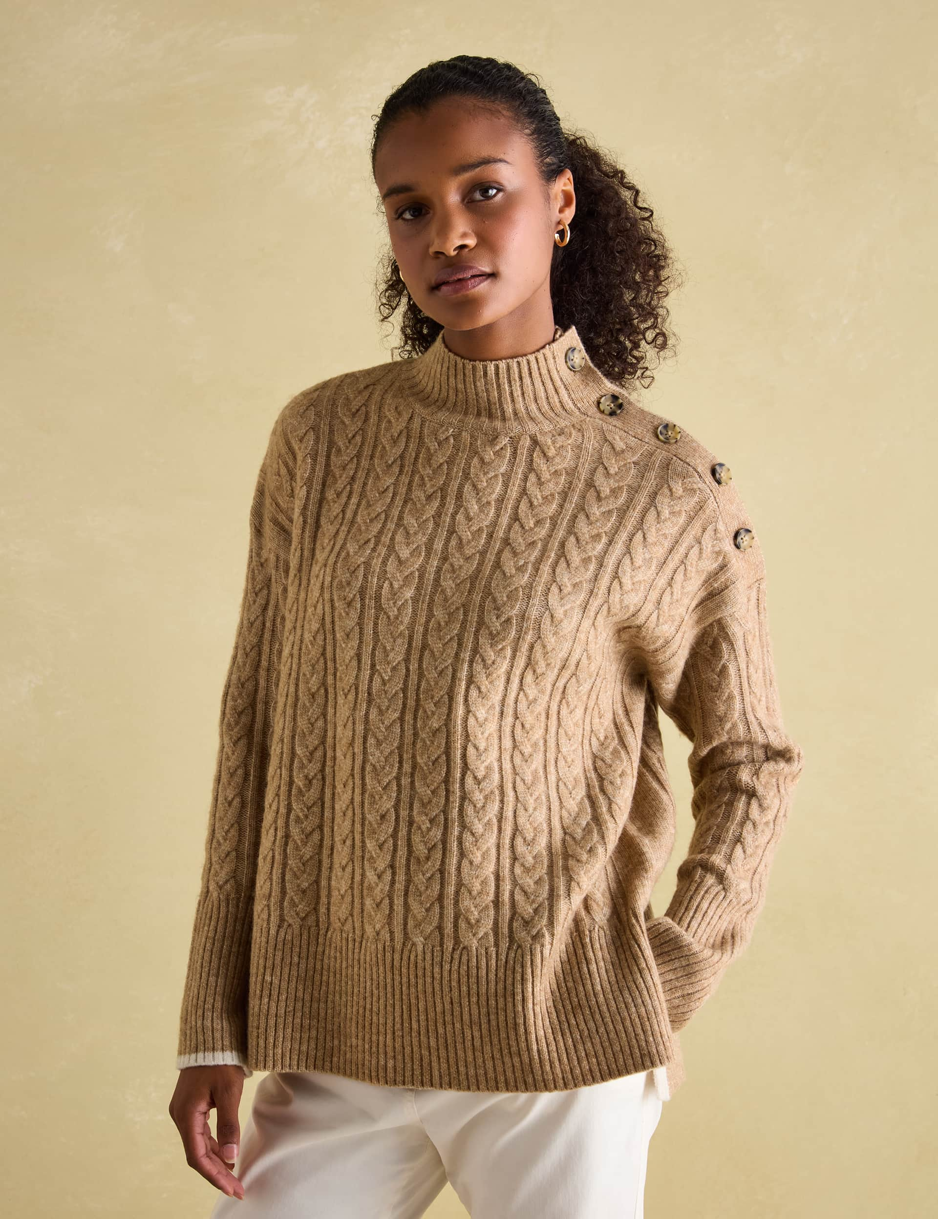 Joules Women's Cable Knit High Neck Jumper with Wool - 10 - Camel, Camel