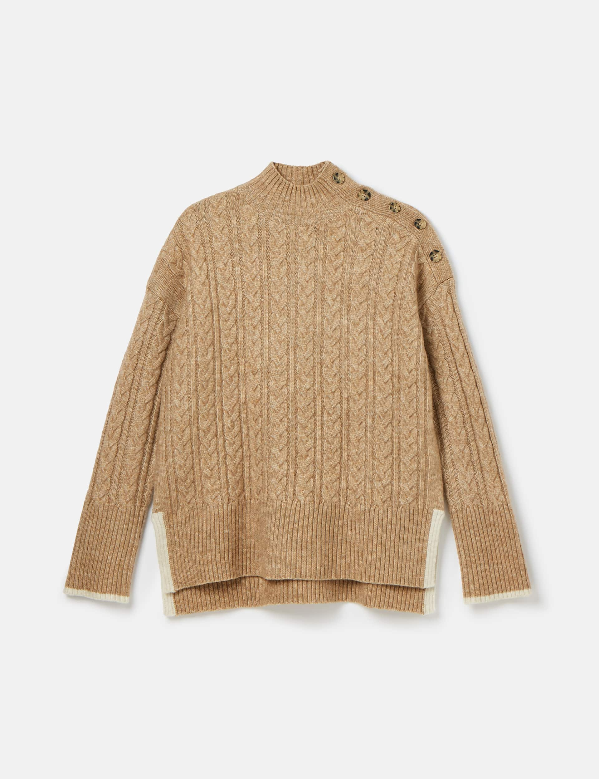 Joules Women's Cable Knit High Neck Jumper with Wool - 10 - Camel, Camel