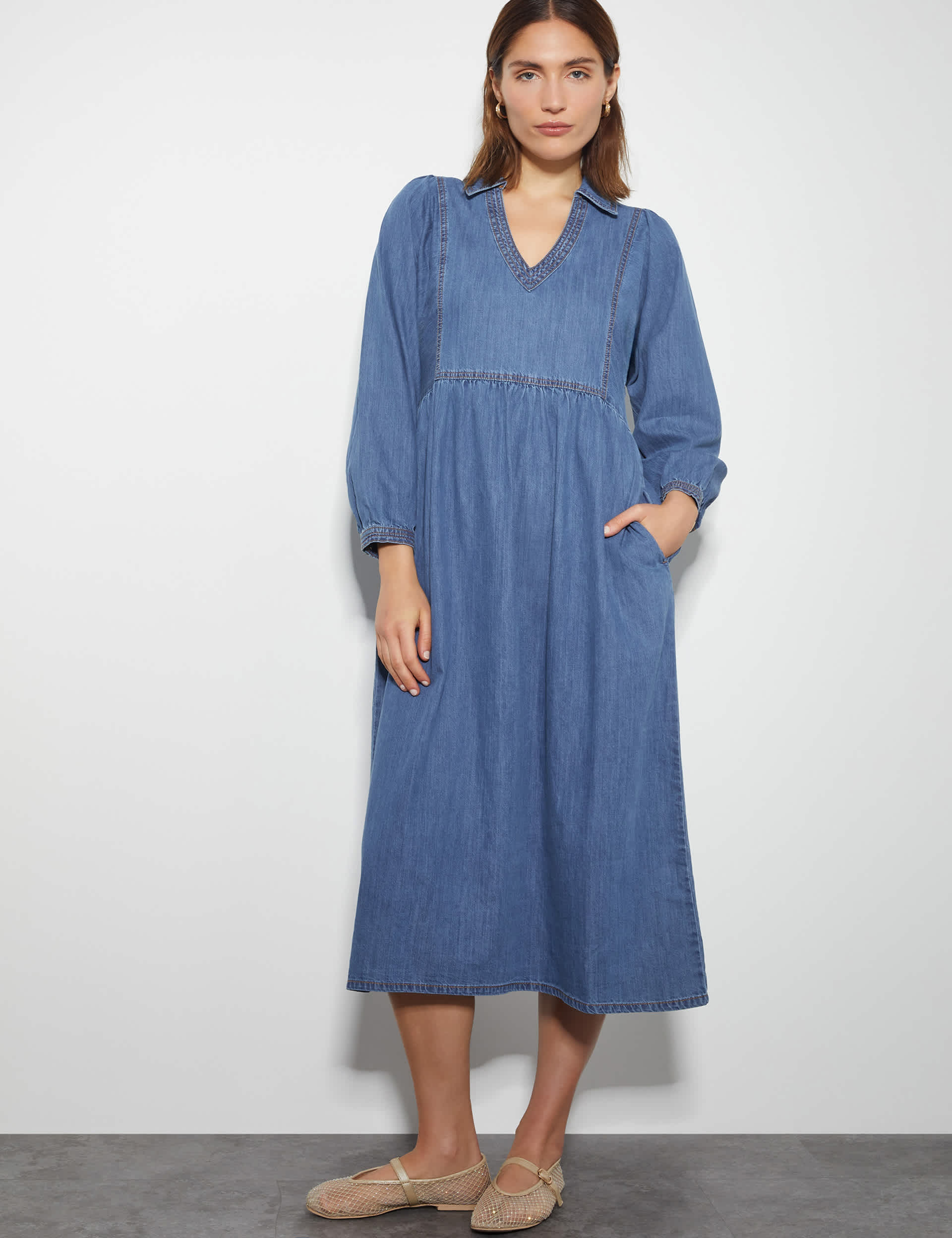 Monsoon Women's Denim Collared Midi Tea Dress - Blue Denim, Blue Denim