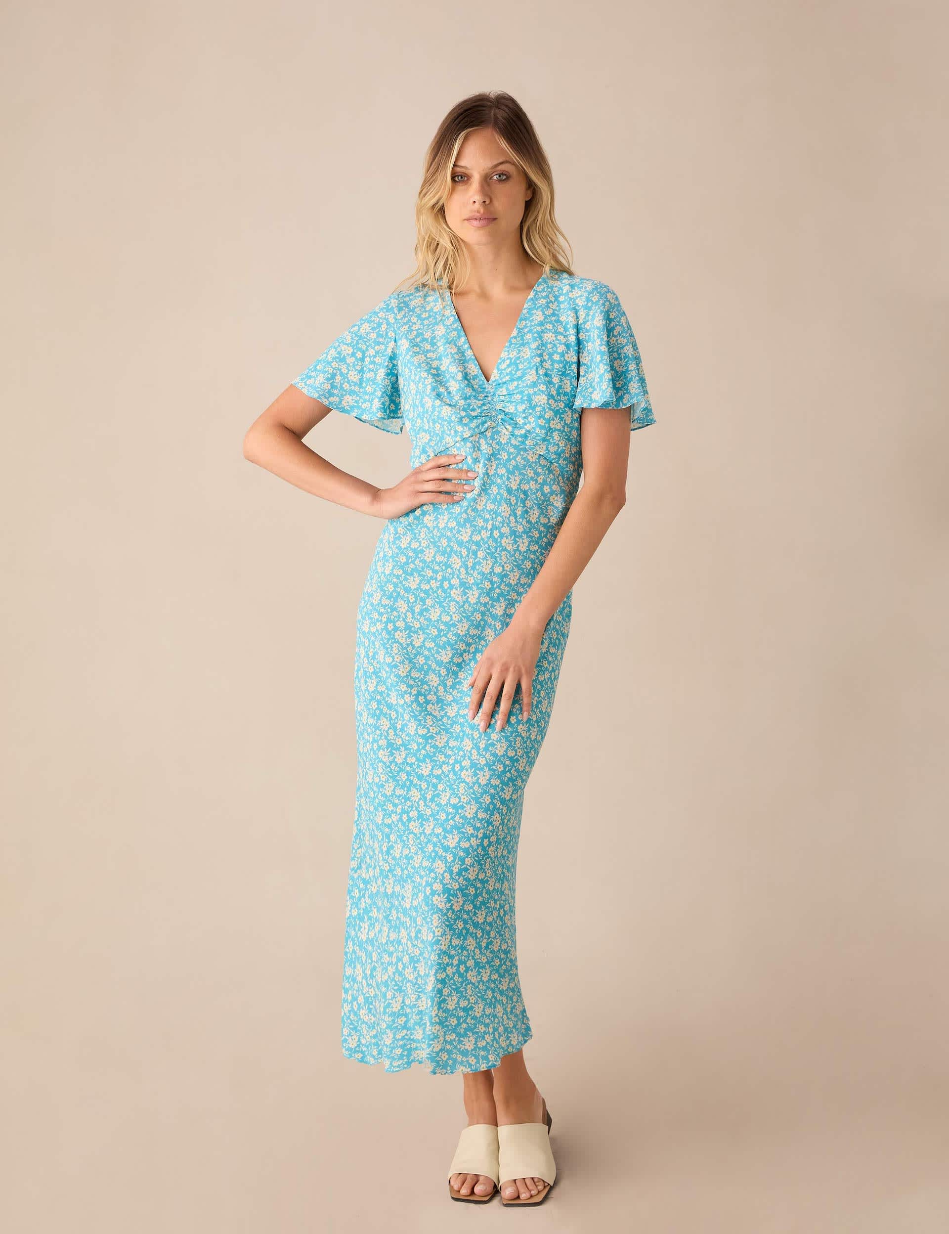 Ro&Zo Women's Floral V-Neck Angel Sleeve Midi Tea Dress