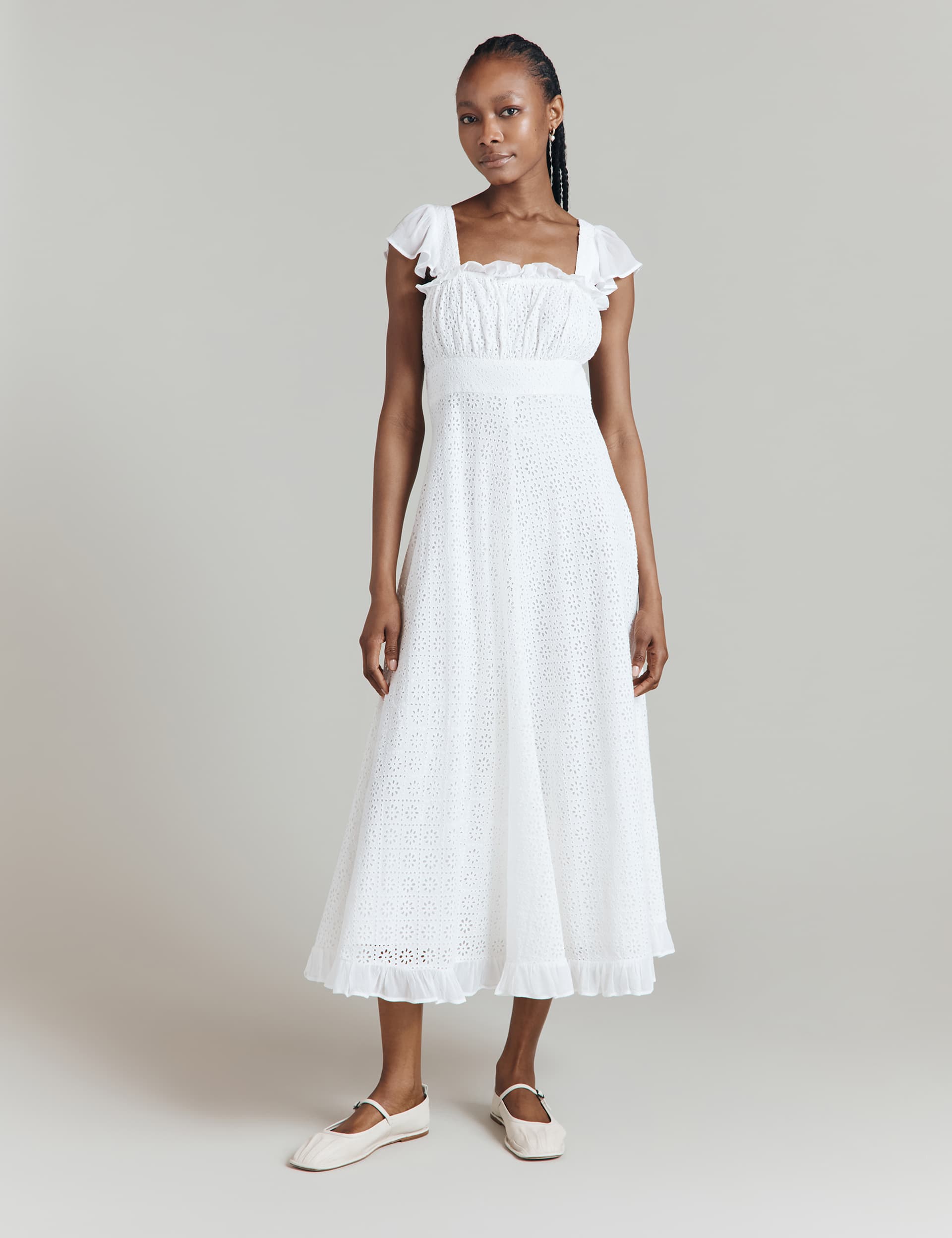 Ghost Women's Pure Cotton Broderie Midaxi Waisted Dress - XL - White, White