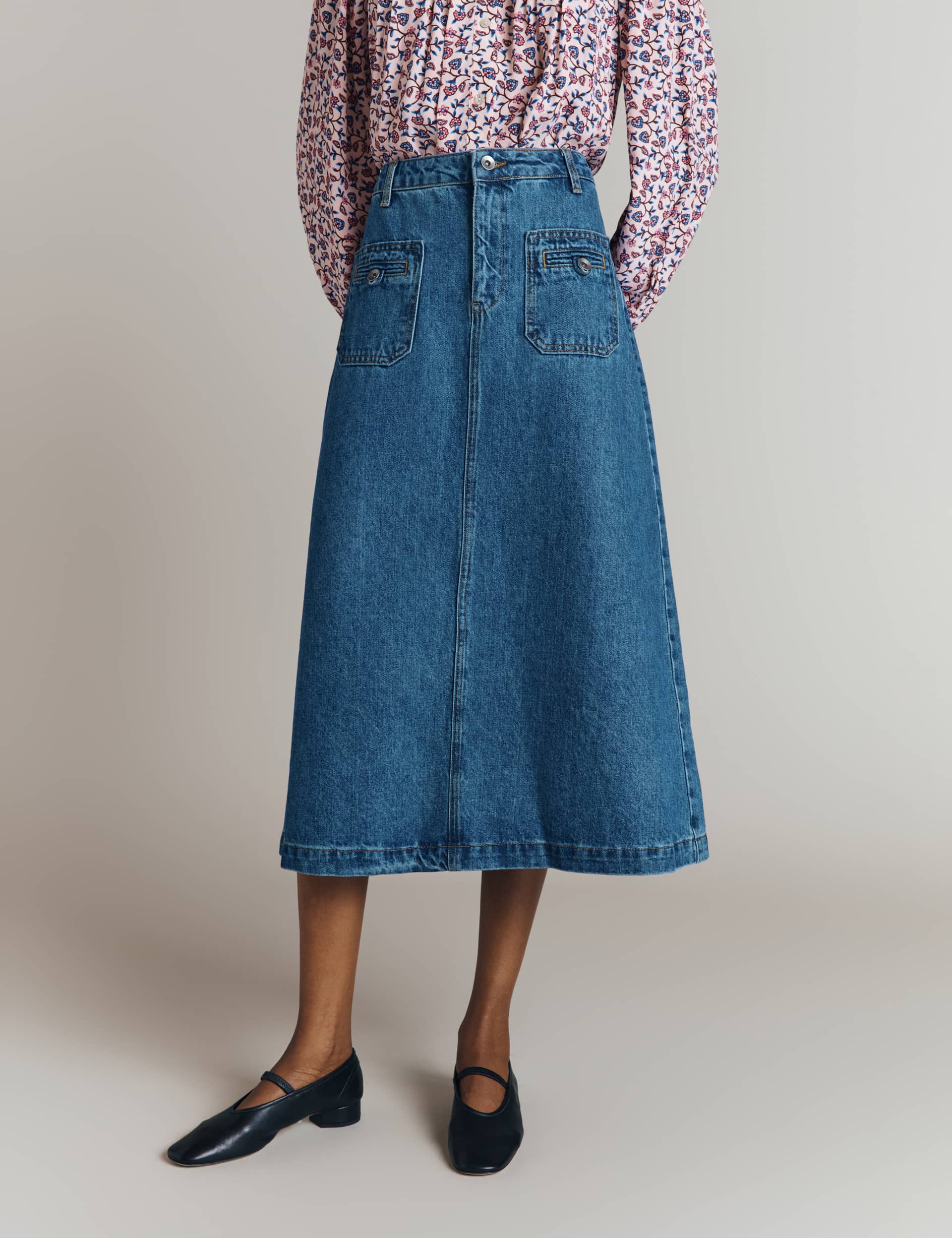 Ghost Women's Denim Midi A-Line Skirt - Blue Denim, Blue Denim