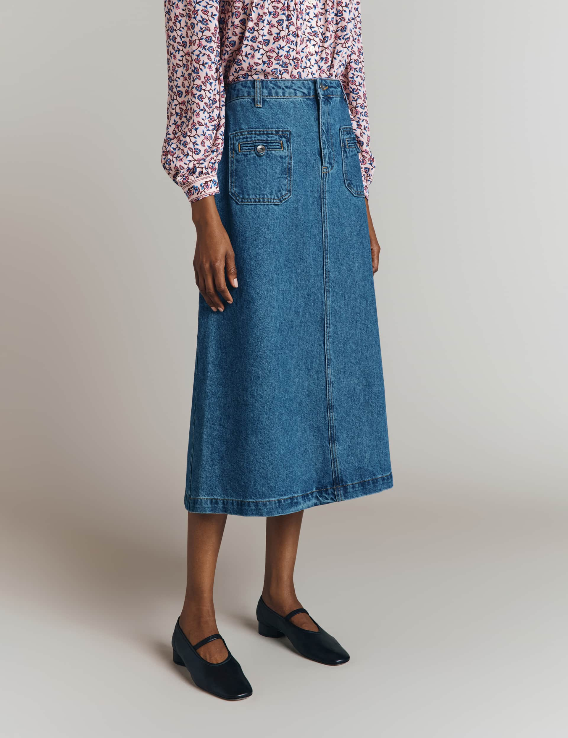 Ghost Women's Denim Midi A-Line Skirt - Blue Denim, Blue Denim