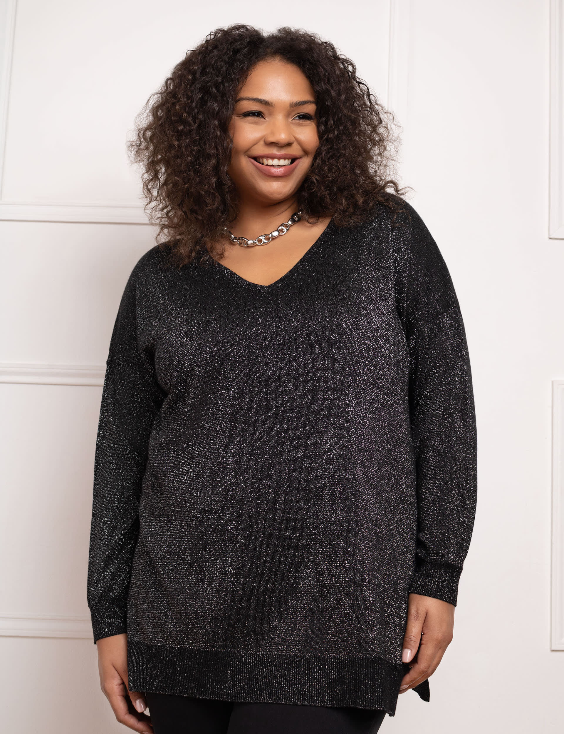 Live Unlimited London Women's Textured Metallic V-Neck Jumper