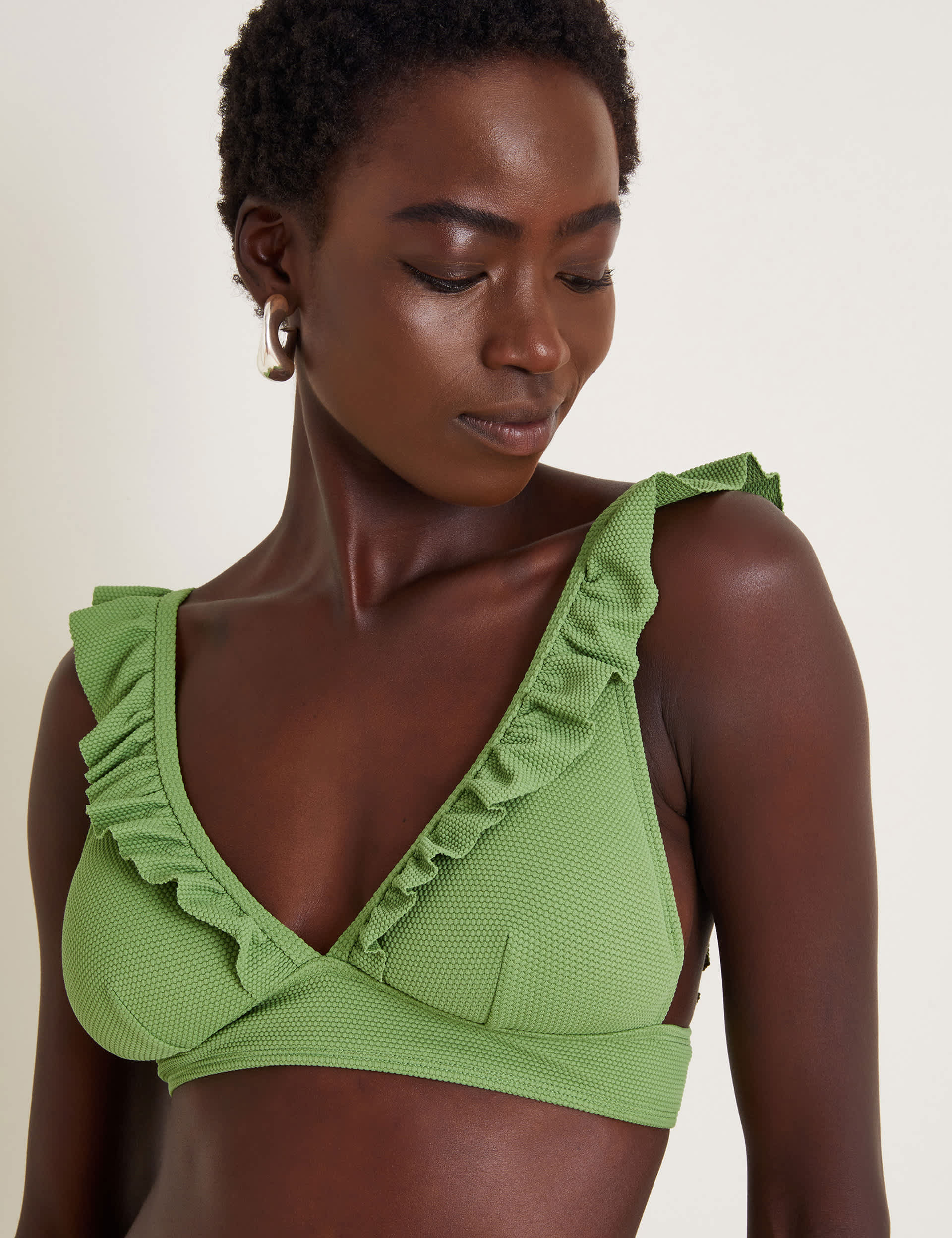 Monsoon Women's Padded Ruffle Triangle Bikini Top - 10 - Green, Green