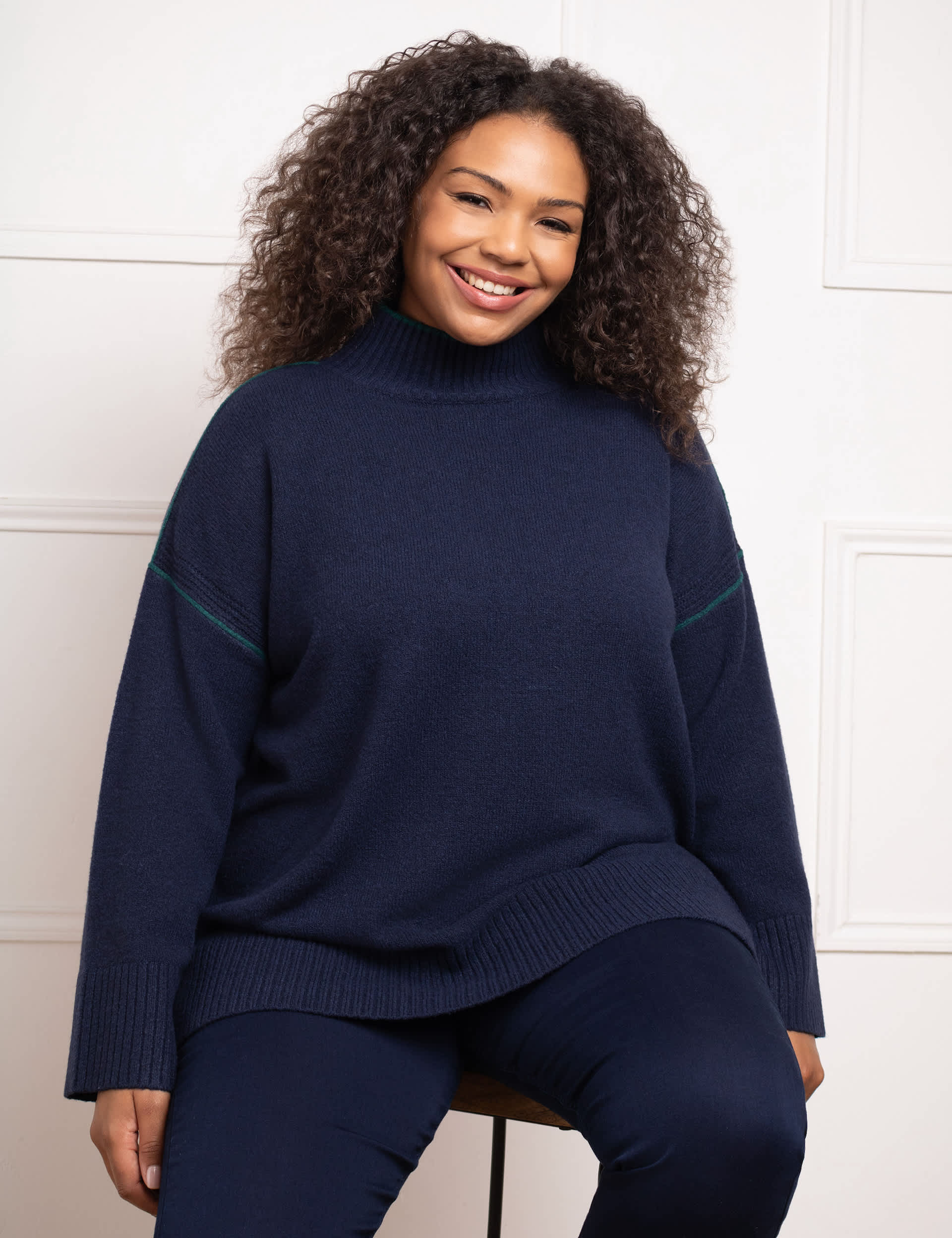 Live Unlimited London Women's Textured Roll Neck Jumper with Wool - 20 - Navy, Navy