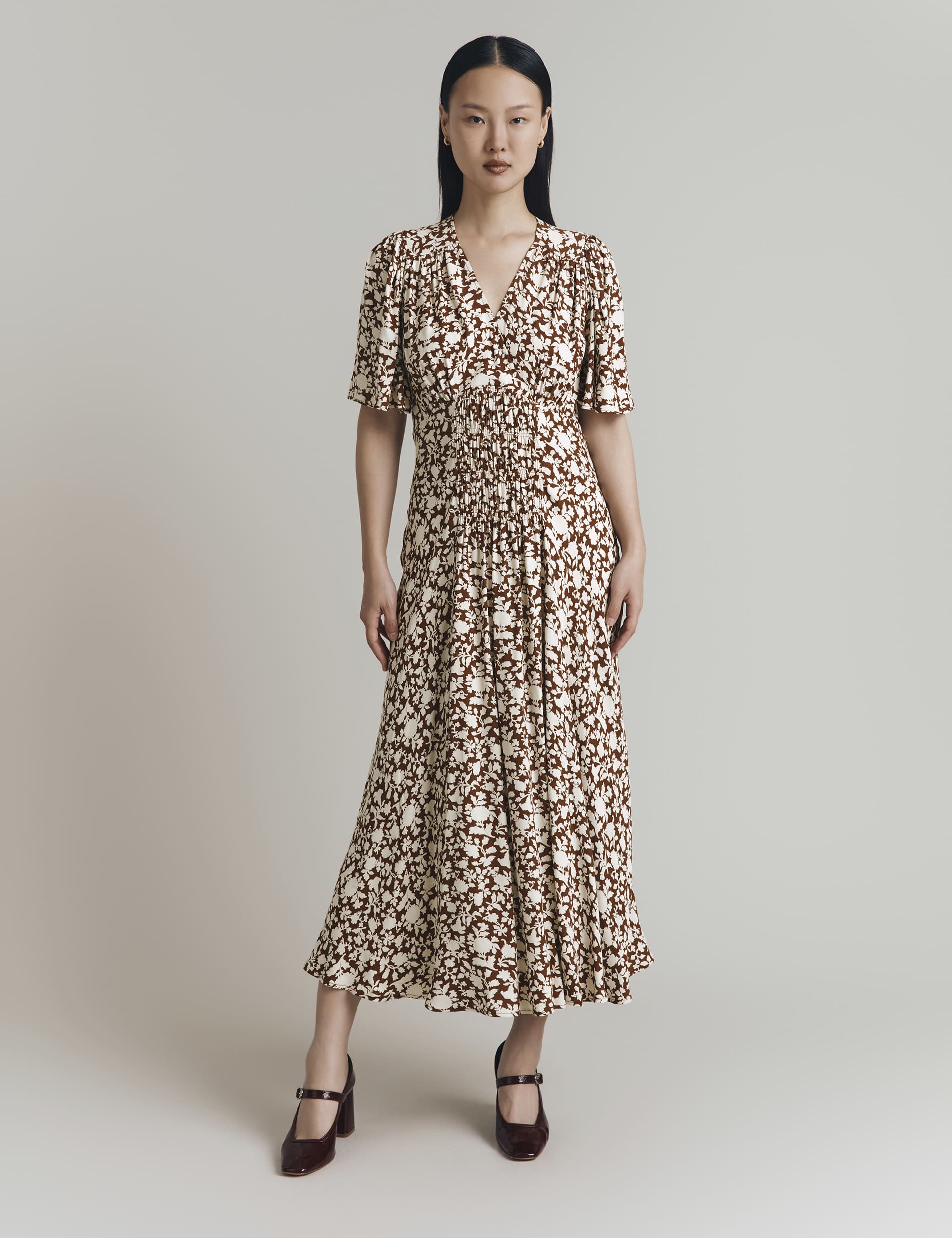 Ghost Women's Crepe Floral V-Neck Shirred Midi Tea Dress - Brown Mix, Brown Mix