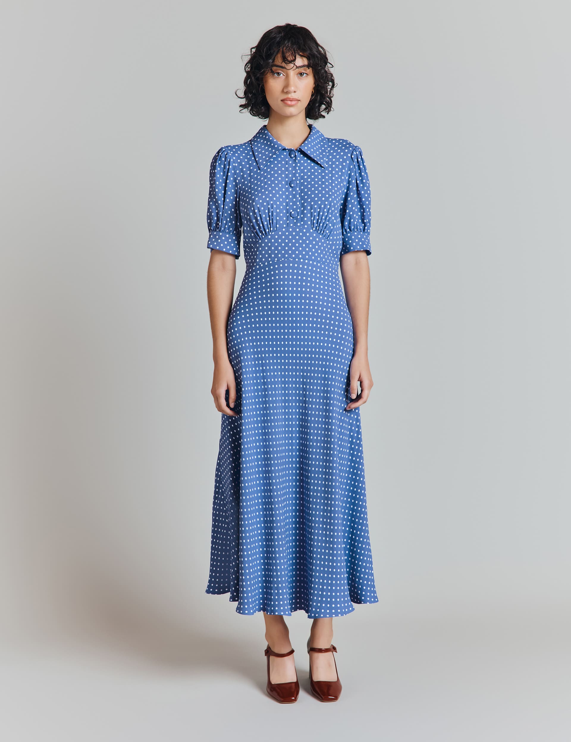 Ghost Women's Crepe Polka Dot Collared Midi Tea Dress - Blue Mix, Blue Mix