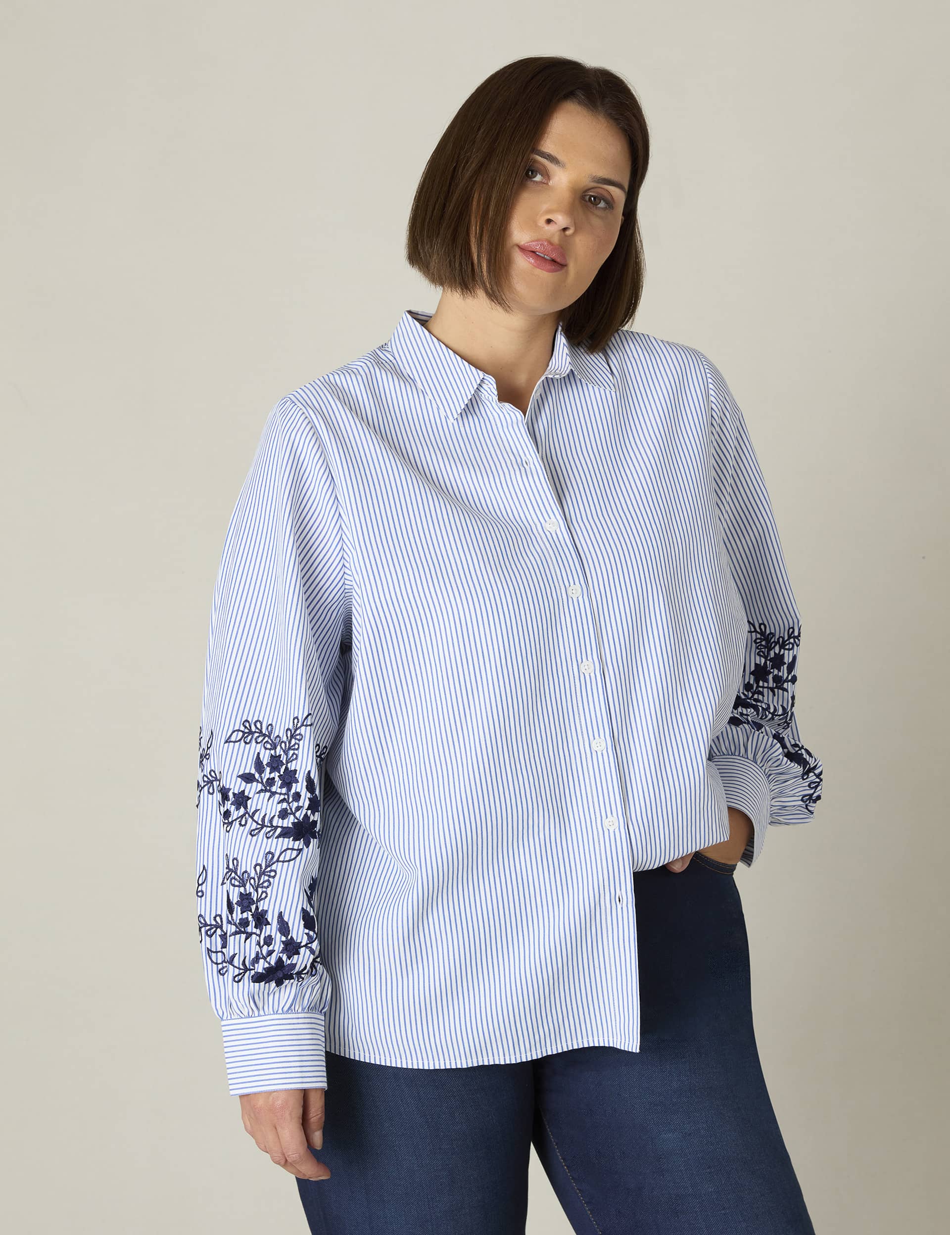 Live Unlimited London Women's Pure Cotton Striped Embroidered Shirt - 18 - Blue Mix, Blue Mix