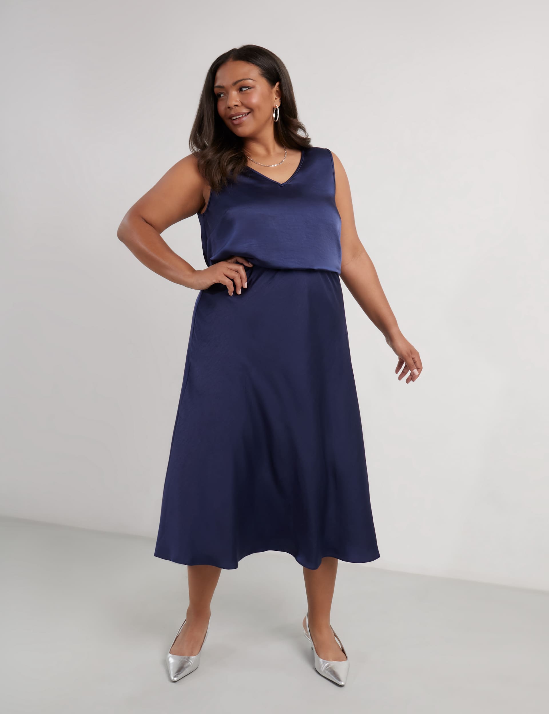 Live Unlimited London Women's Satin Midi A-Line Skirt - 20 - Navy, Navy