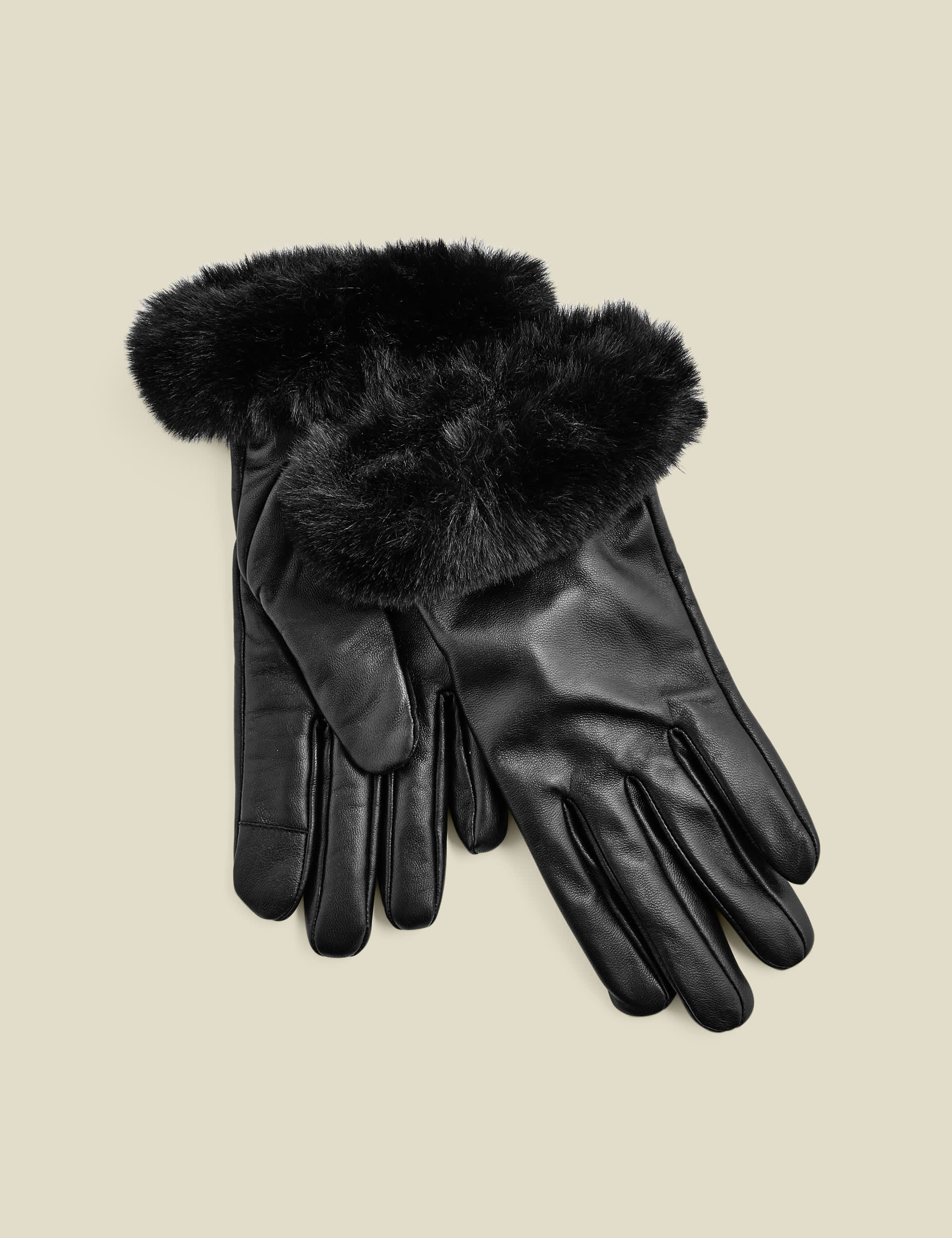 Sosandar Women's Leather Faux Fur Trim Gloves - M-L - Black, Black