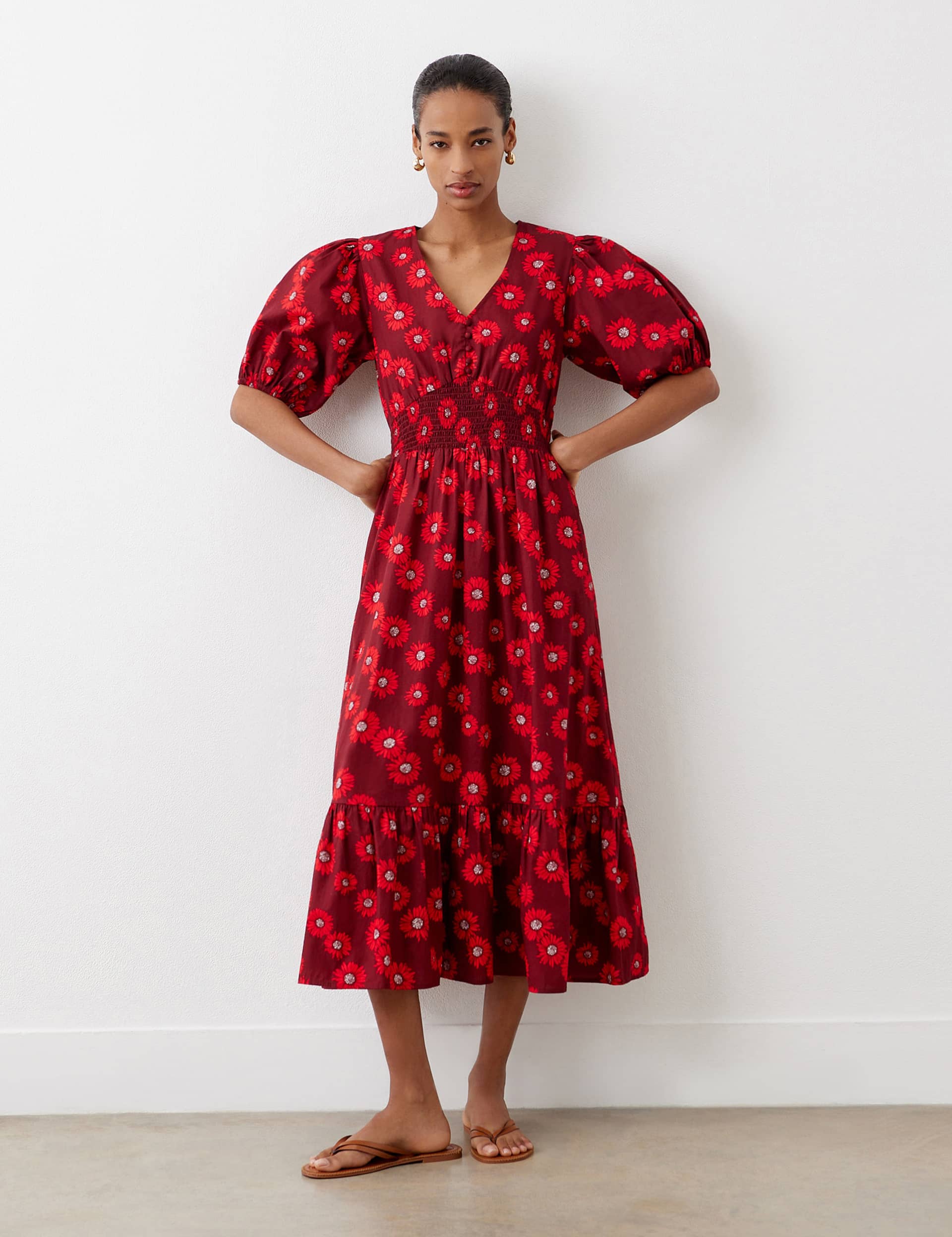 Finery London Women's Pure Cotton Floral Shirred Midi Tea Dress - 12 - Red Mix, Red Mix,Navy Mix