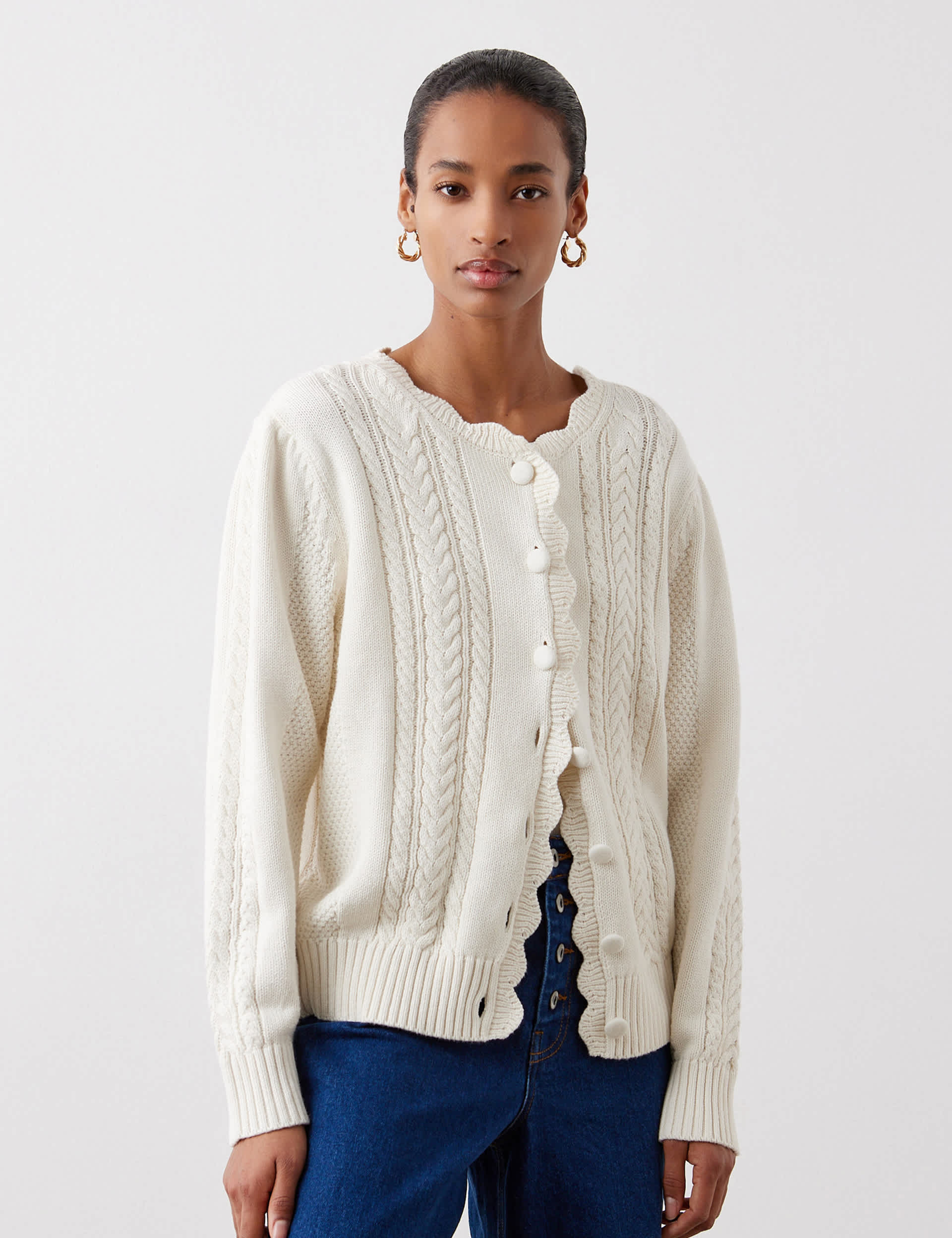 Finery London Women's Textured Crew Neck Cardigan with Wool - 14 - Ivory, Ivory