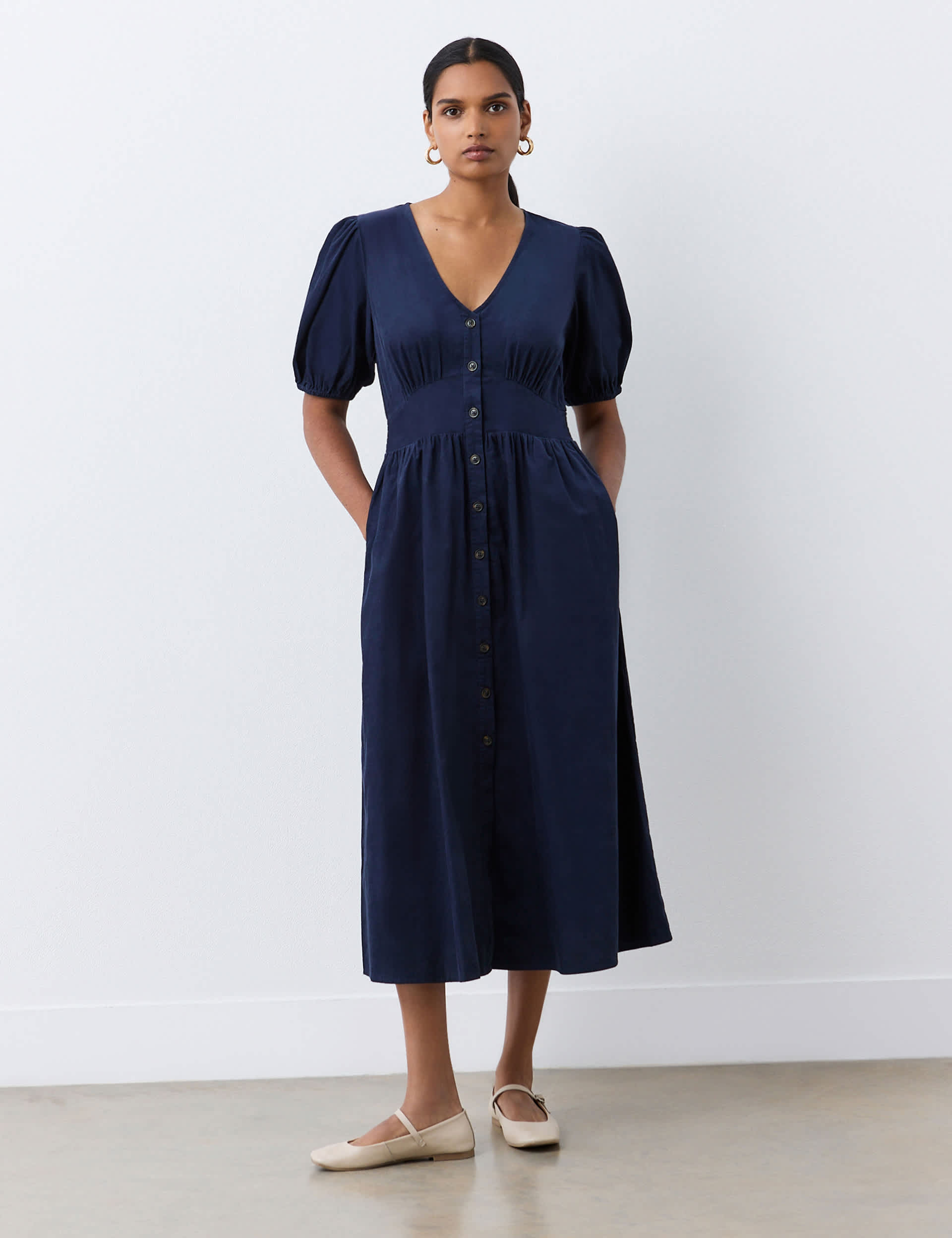 Finery London Women's Corduroy V-Neck Midi Tea Dress - 14 - Navy, Burgundy,Navy,Green