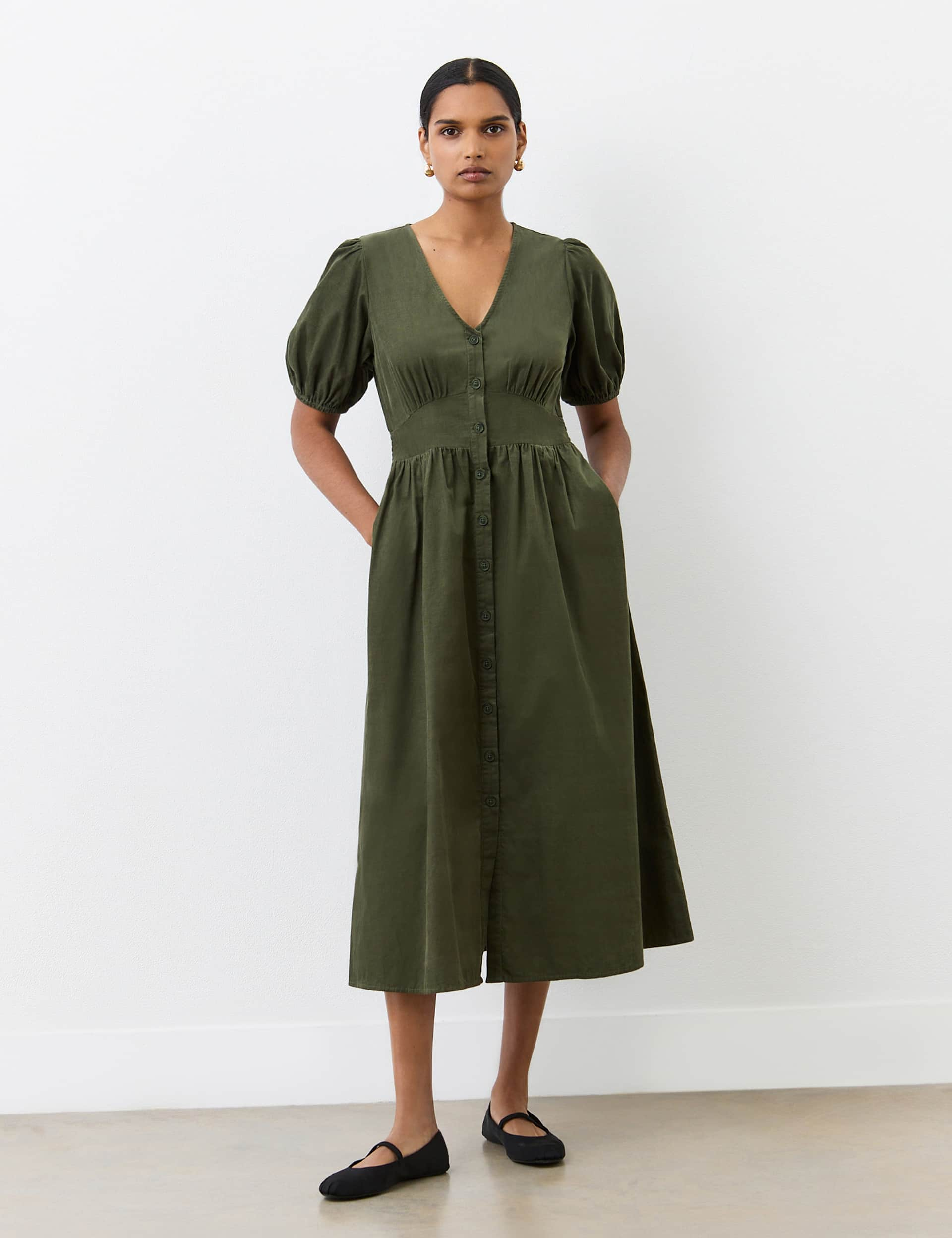 Finery London Women's Corduroy V-Neck Midi Tea Dress - 12 - Green, Burgundy,Navy,Green