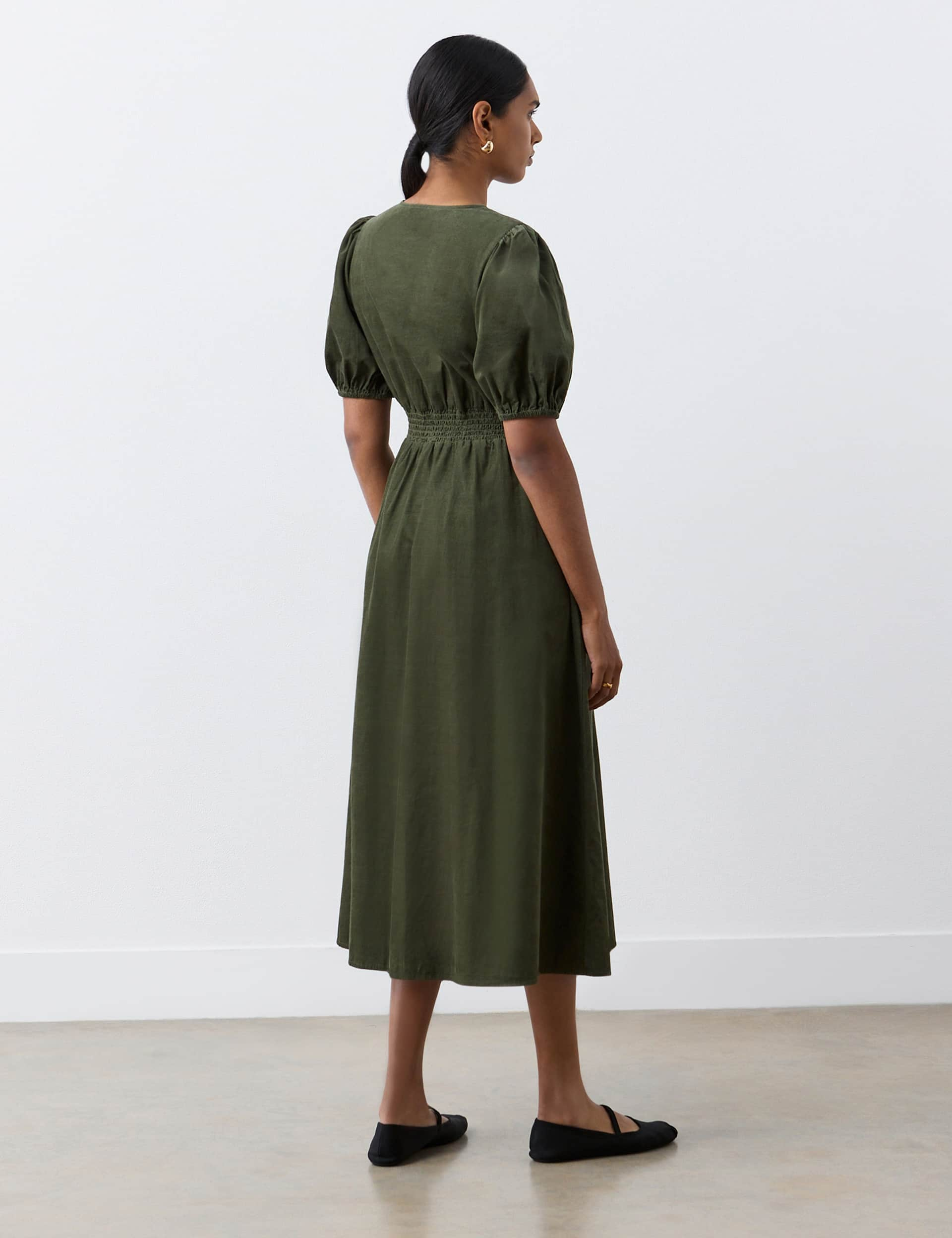 Finery London Women's Corduroy V-Neck Midi Tea Dress - 12 - Green, Green,Burgundy,Navy