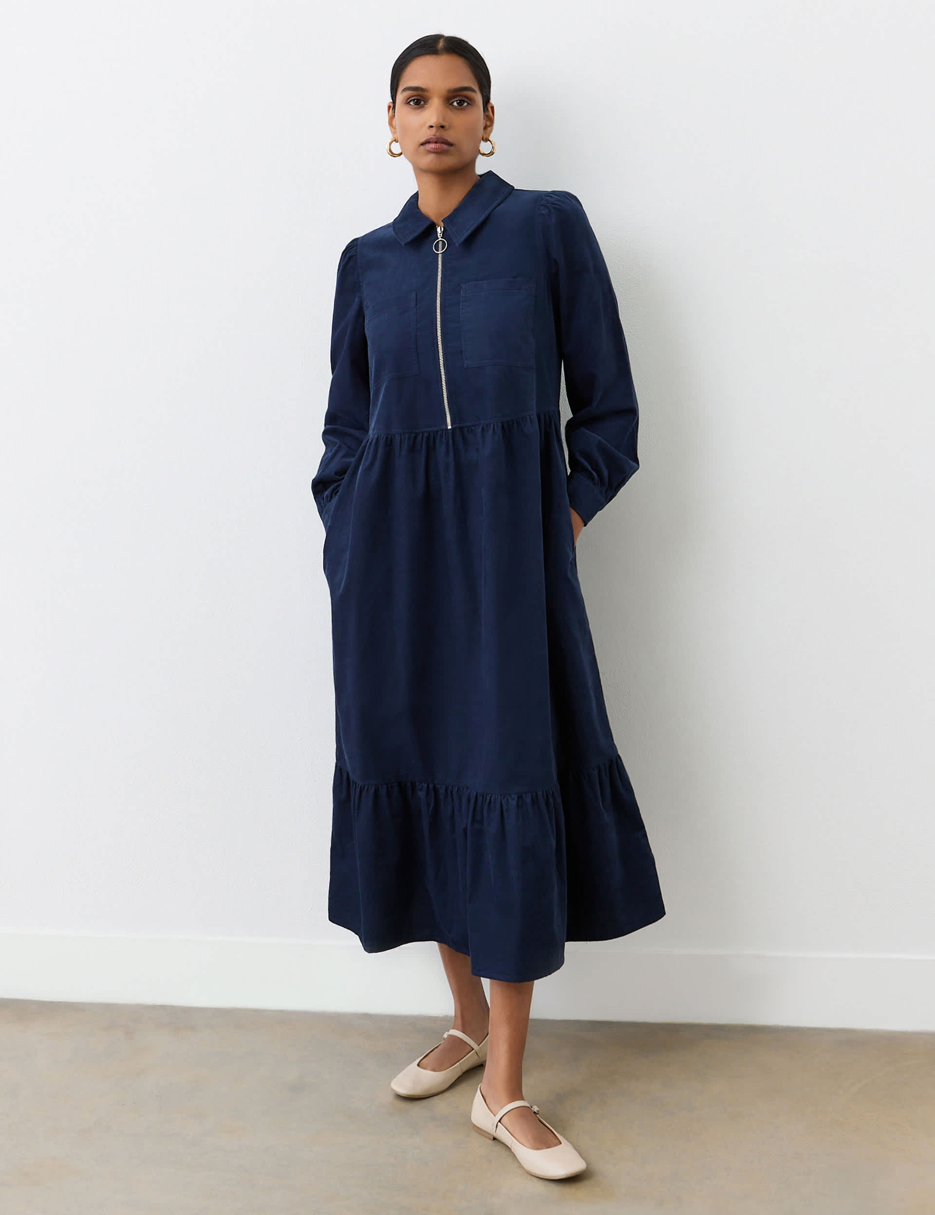 Finery London Women's Corduroy Zip Neck Midi Tiered Dress - 16 - Navy, Navy