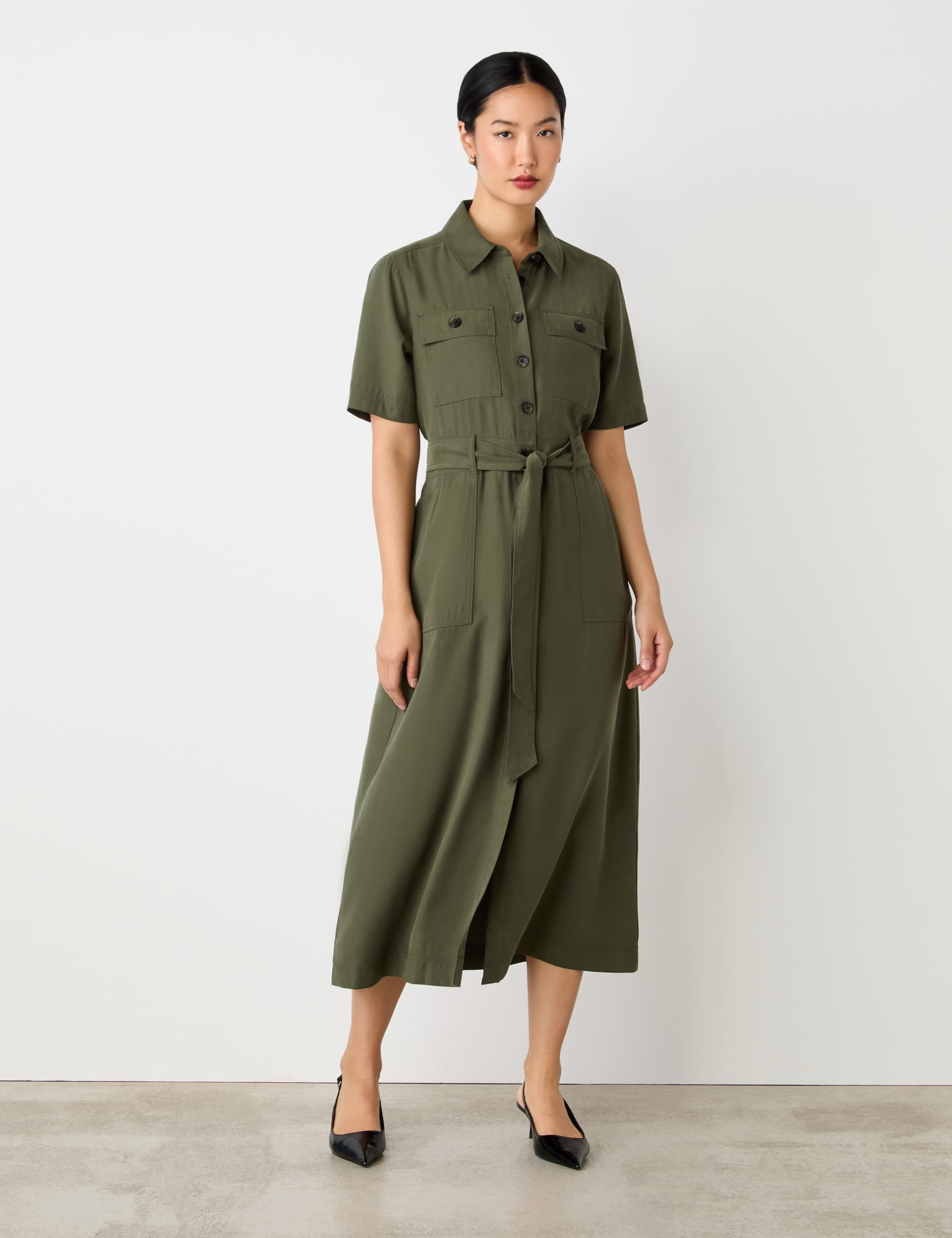 Finery London Women's Midi Shirt Dress - 14 - Green, Navy,Natural,Green