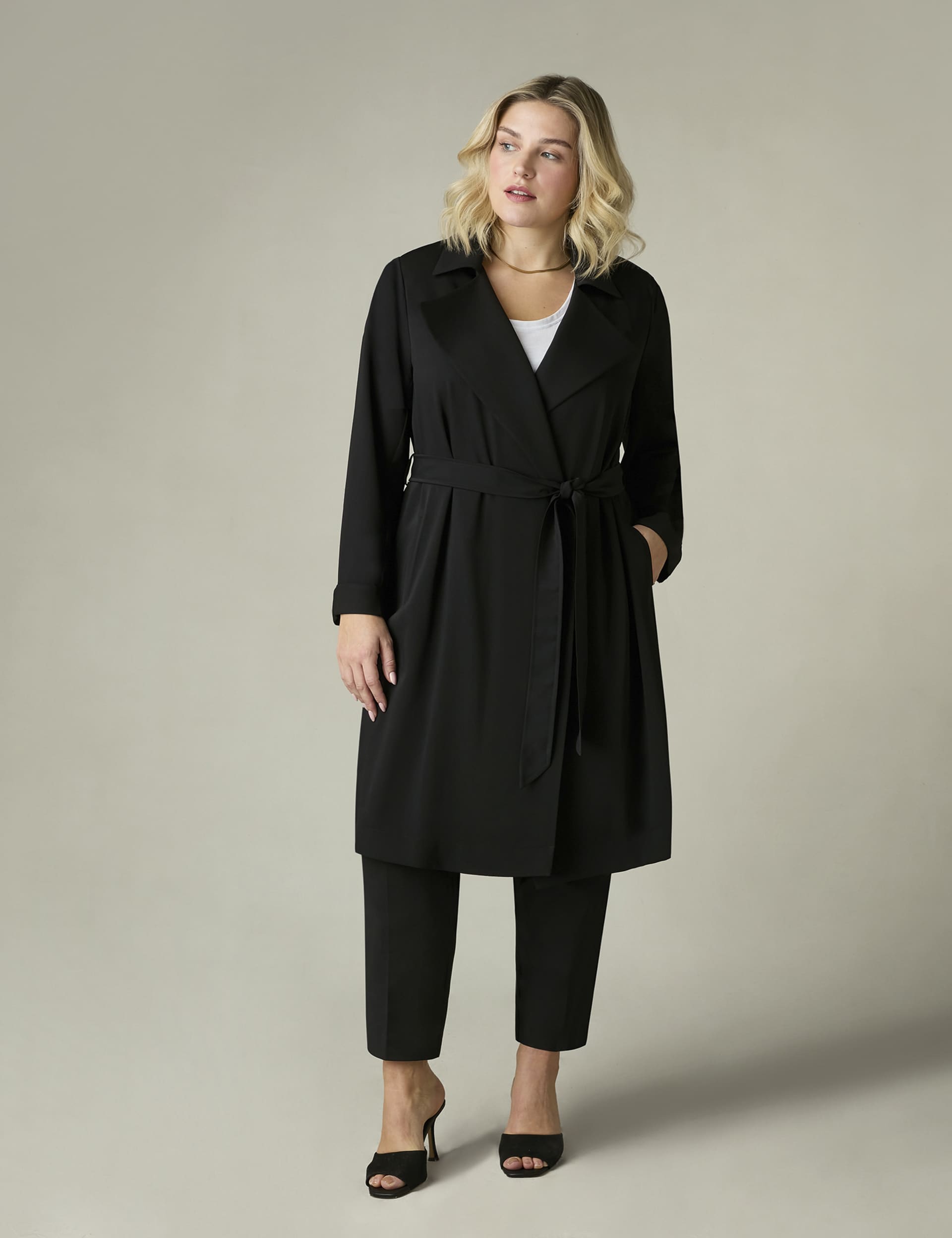 Live Unlimited London Women's Belted Revere Collar Relaxed Tailored Coat - 16 - Black, Black