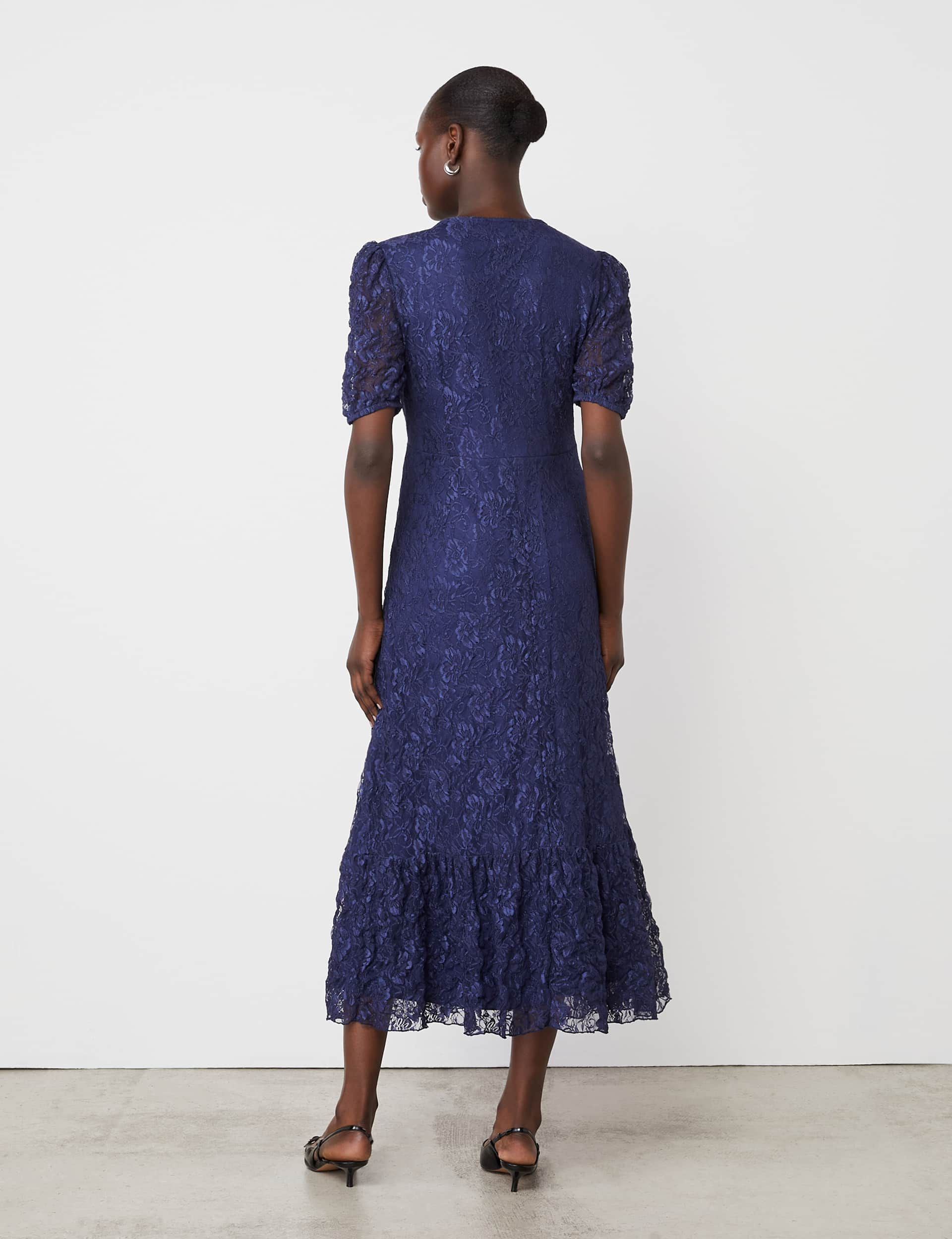 Finery London Women's Lace V-Neck Midi Tiered Dress - 12 - Navy, Green,Black,Navy