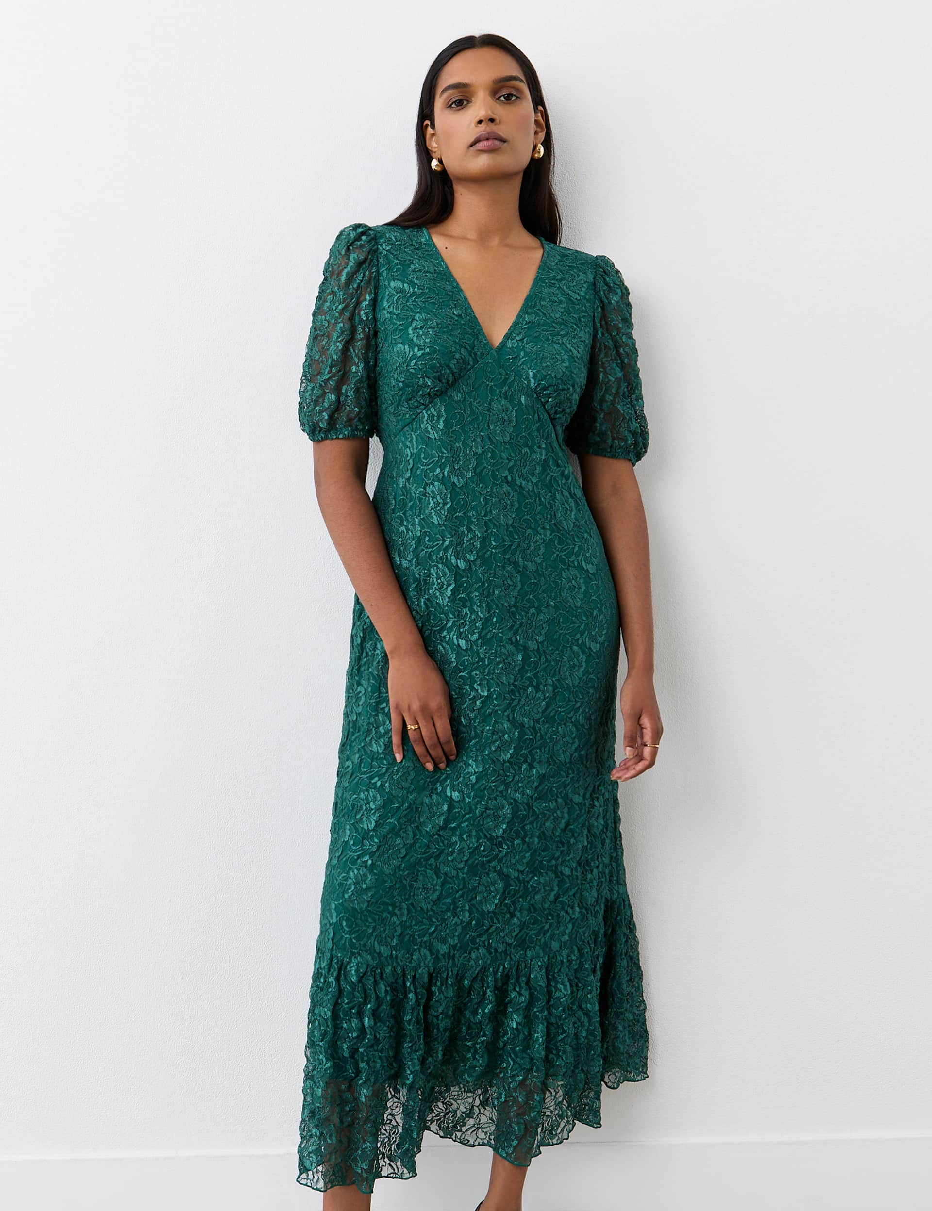 Finery London Women's Lace V-Neck Midi Tiered Dress - 12 - Green, Green,Black,Navy