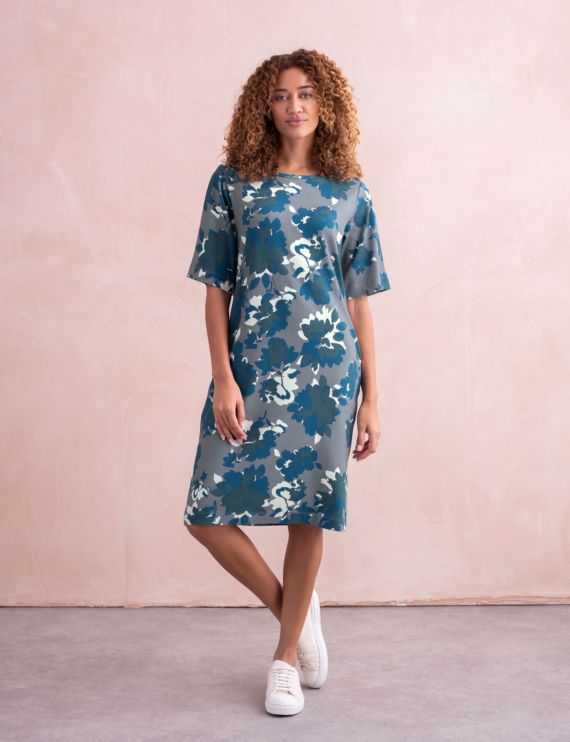 Celtic & Co. Women's Pure Cotton Floral T-Shirt Dress - 8 - Blue Mix, Blue Mix