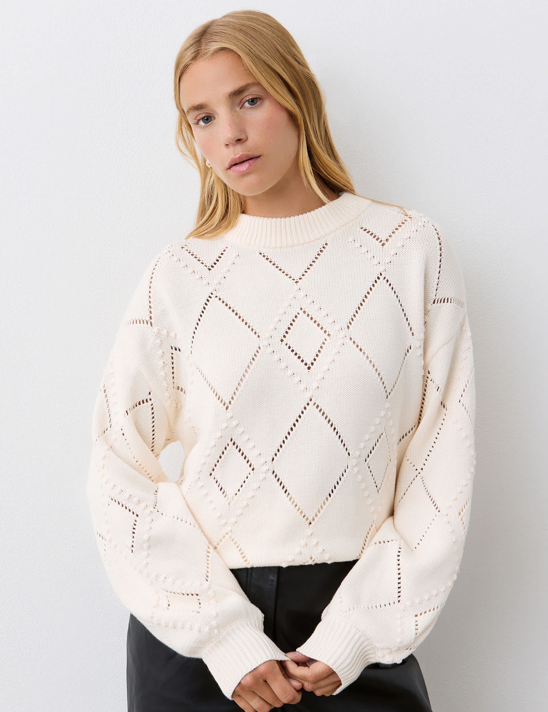 Finery London Women's Pure Cotton Textured Diamond Pattern Jumper - 12 - Ivory, Ivory