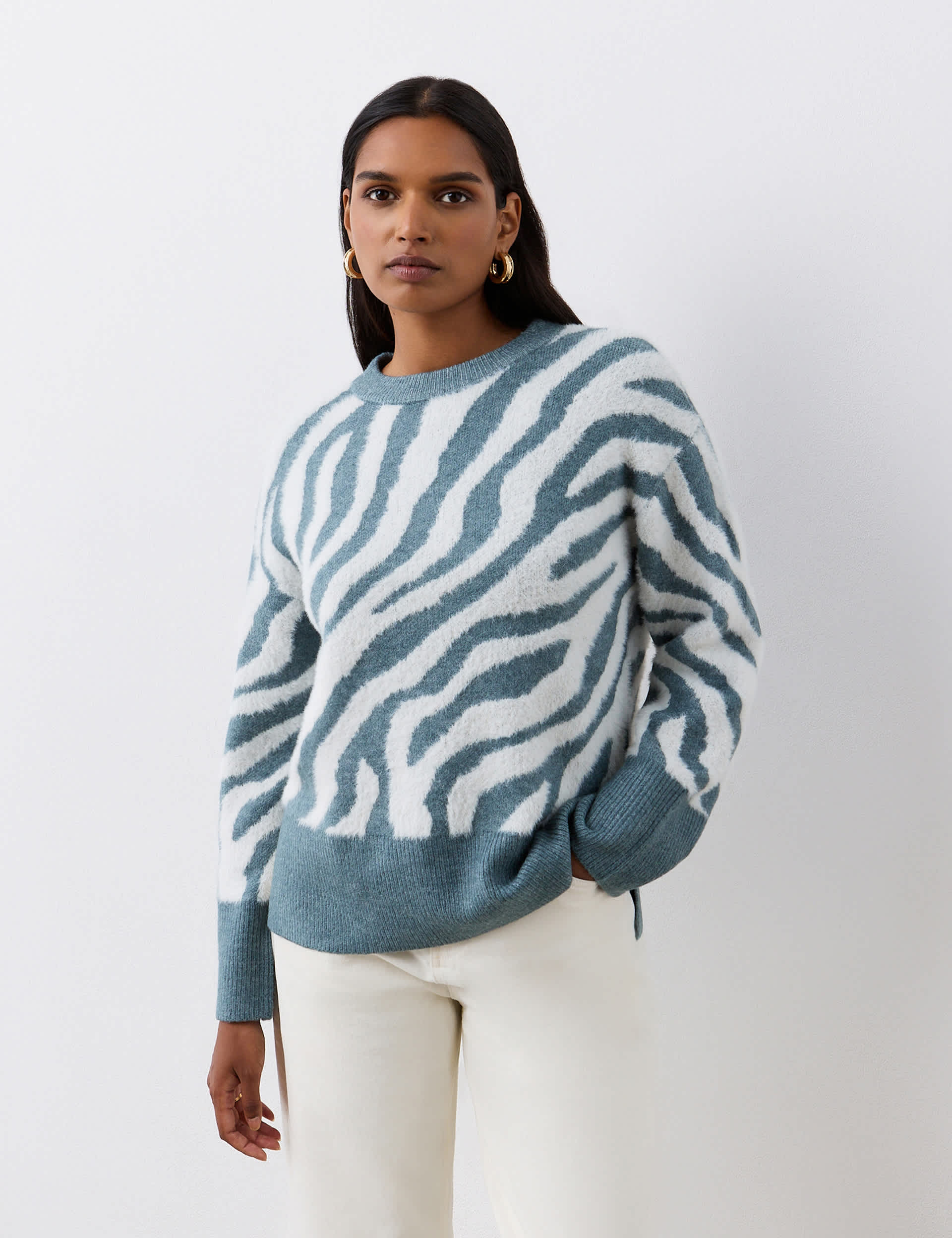 Finery London Women's Animal Print Crew Neck Jumper - 16 - Blue Mix, Blue Mix,Natural Mix