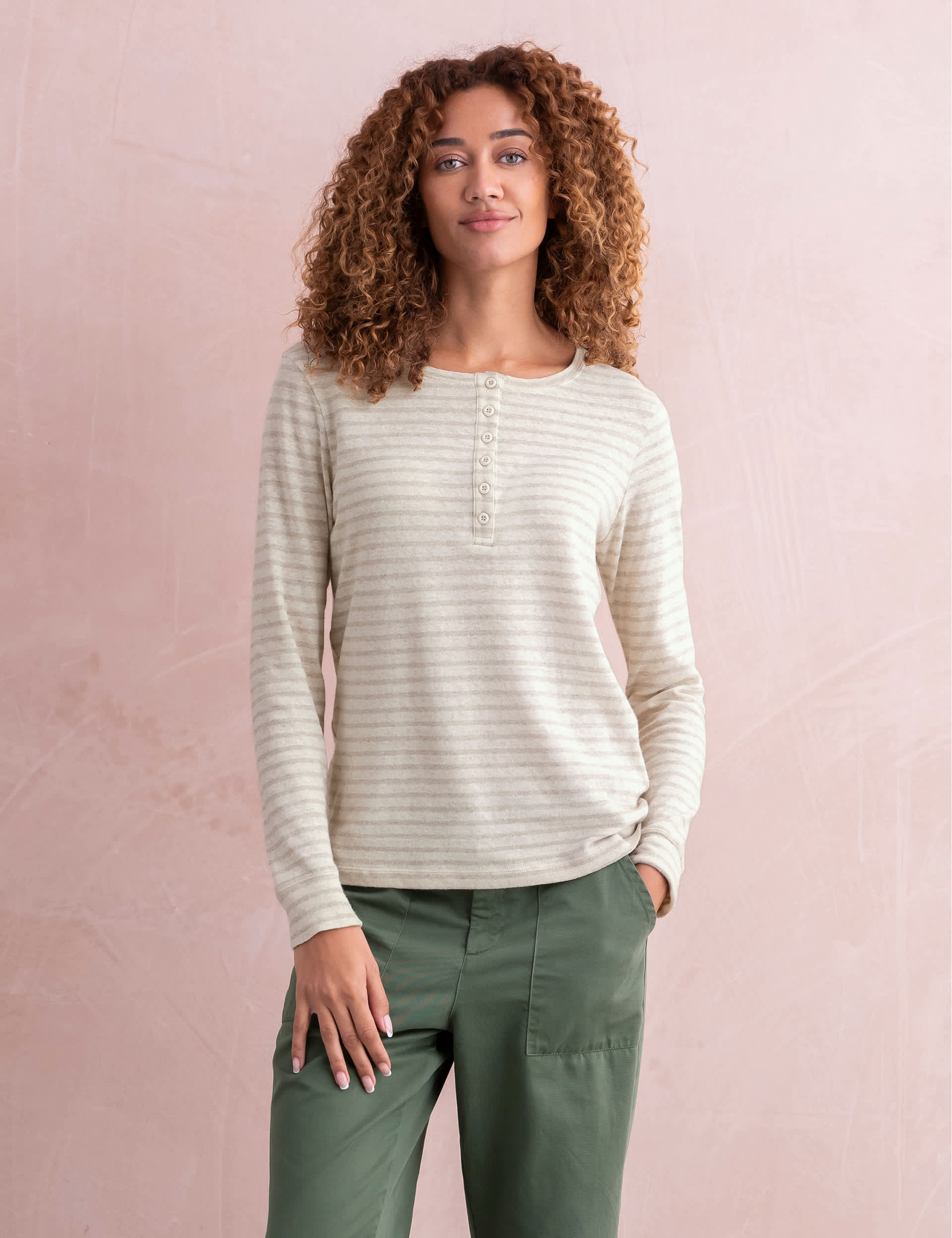 Celtic & Co. Women's Linen Blend Striped Henley Top - 12 - Ecru Mix, Ecru Mix