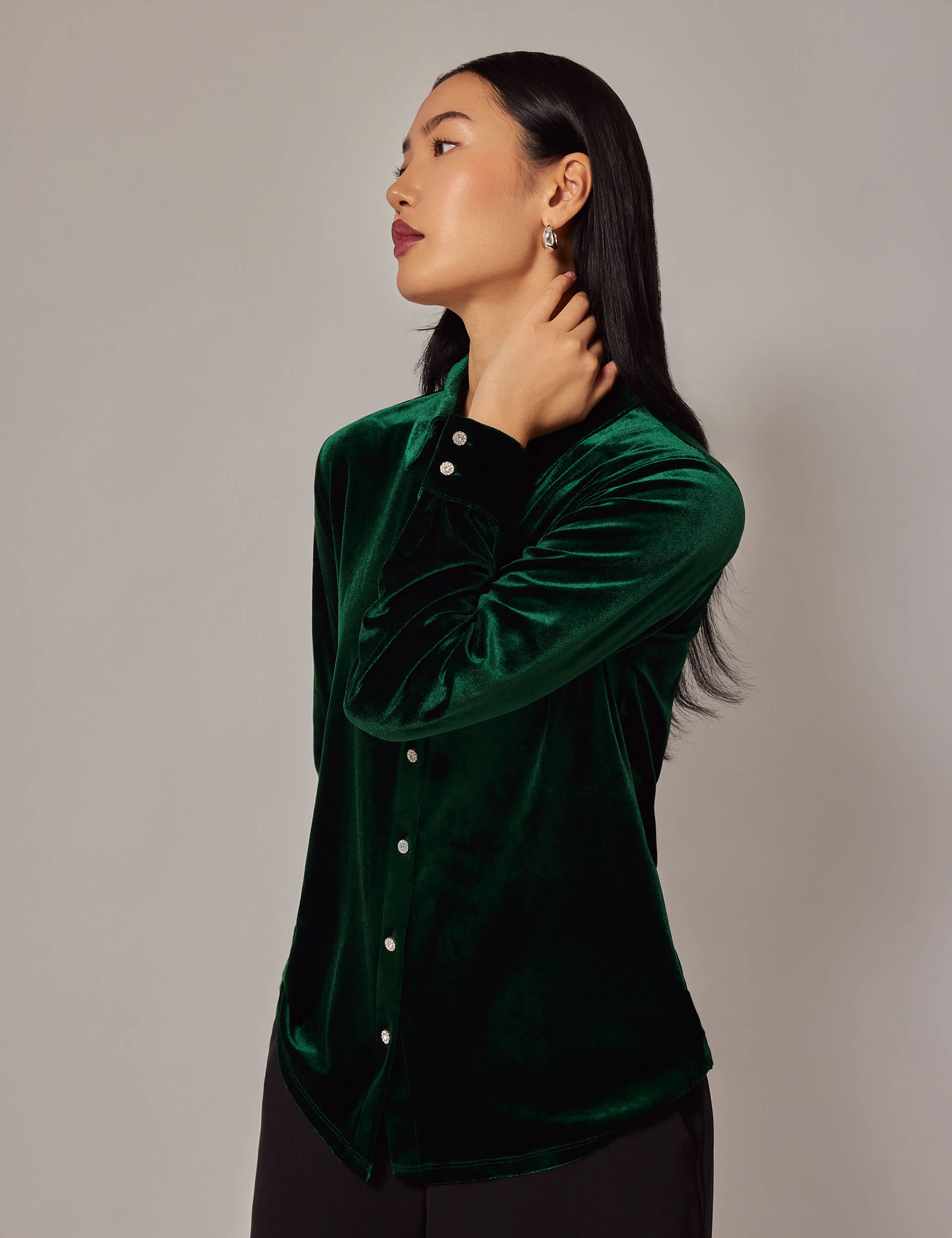 Finery London Women's Velvet Collared Button Detail Shirt - 12 - Green, Black,Green