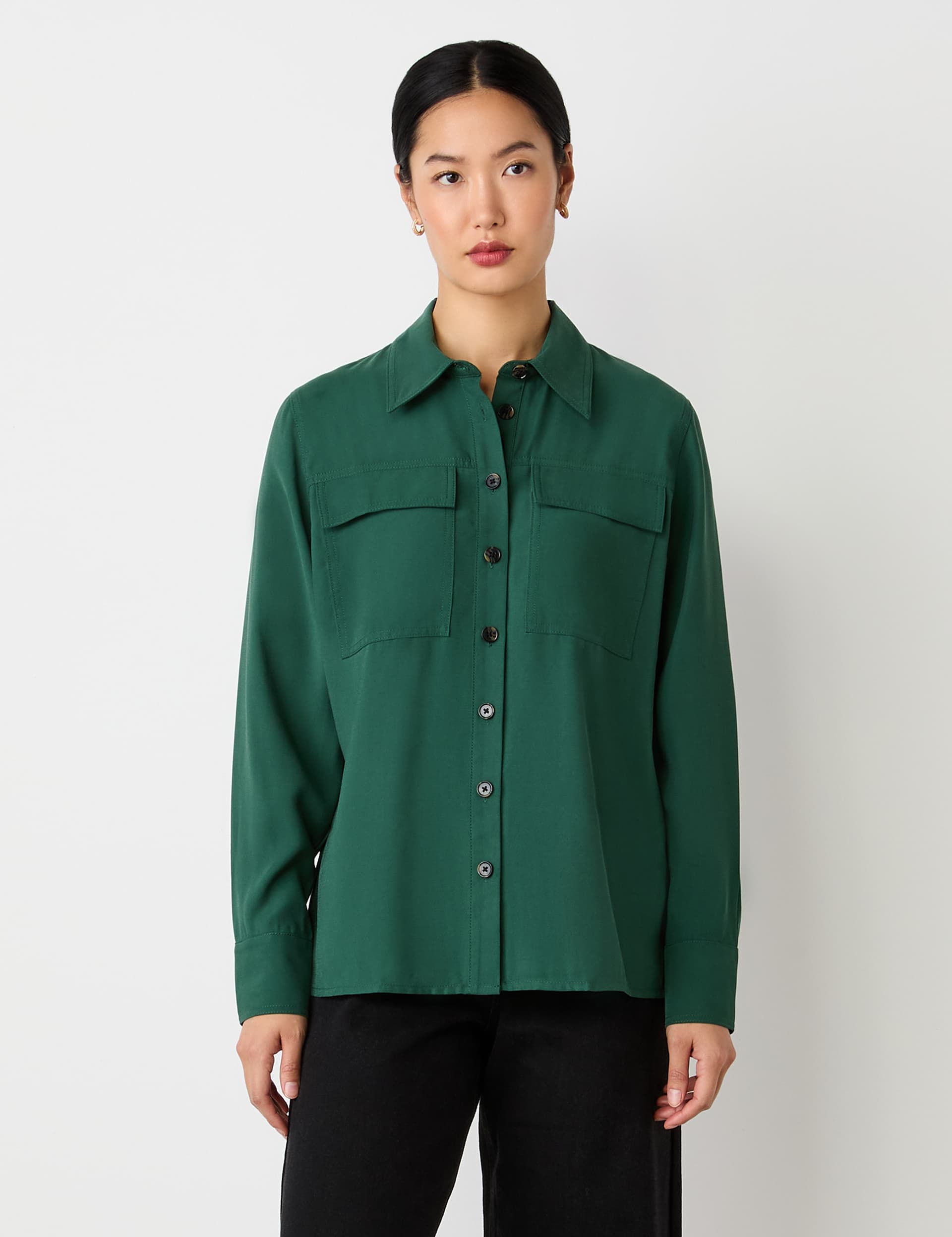 Finery London Women's Collared Button Through Shirt - 12 - Dark Green, Burgundy,Dark Green