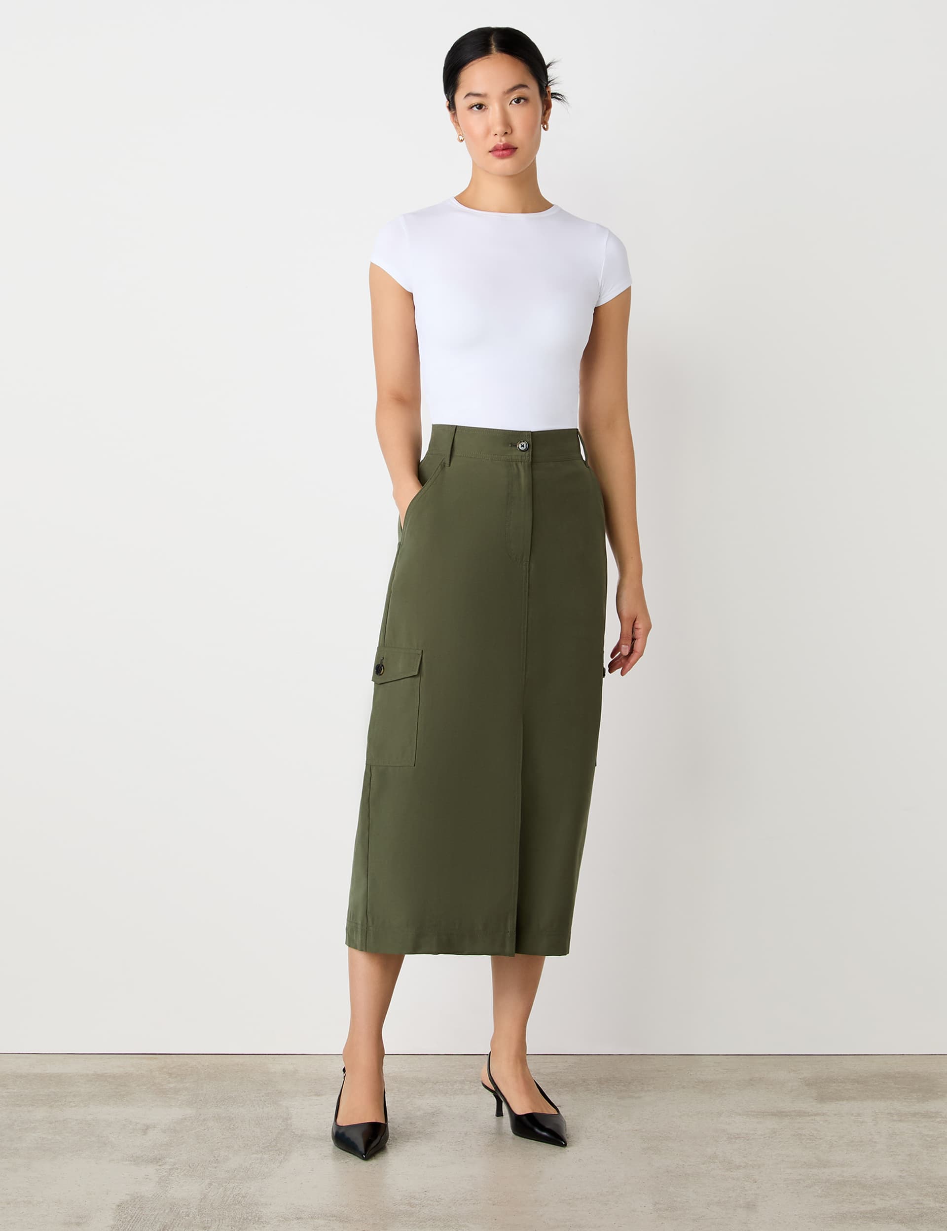 Finery London Women's Split Front Midi Pencil Skirt - 16 - Green, Black,Green