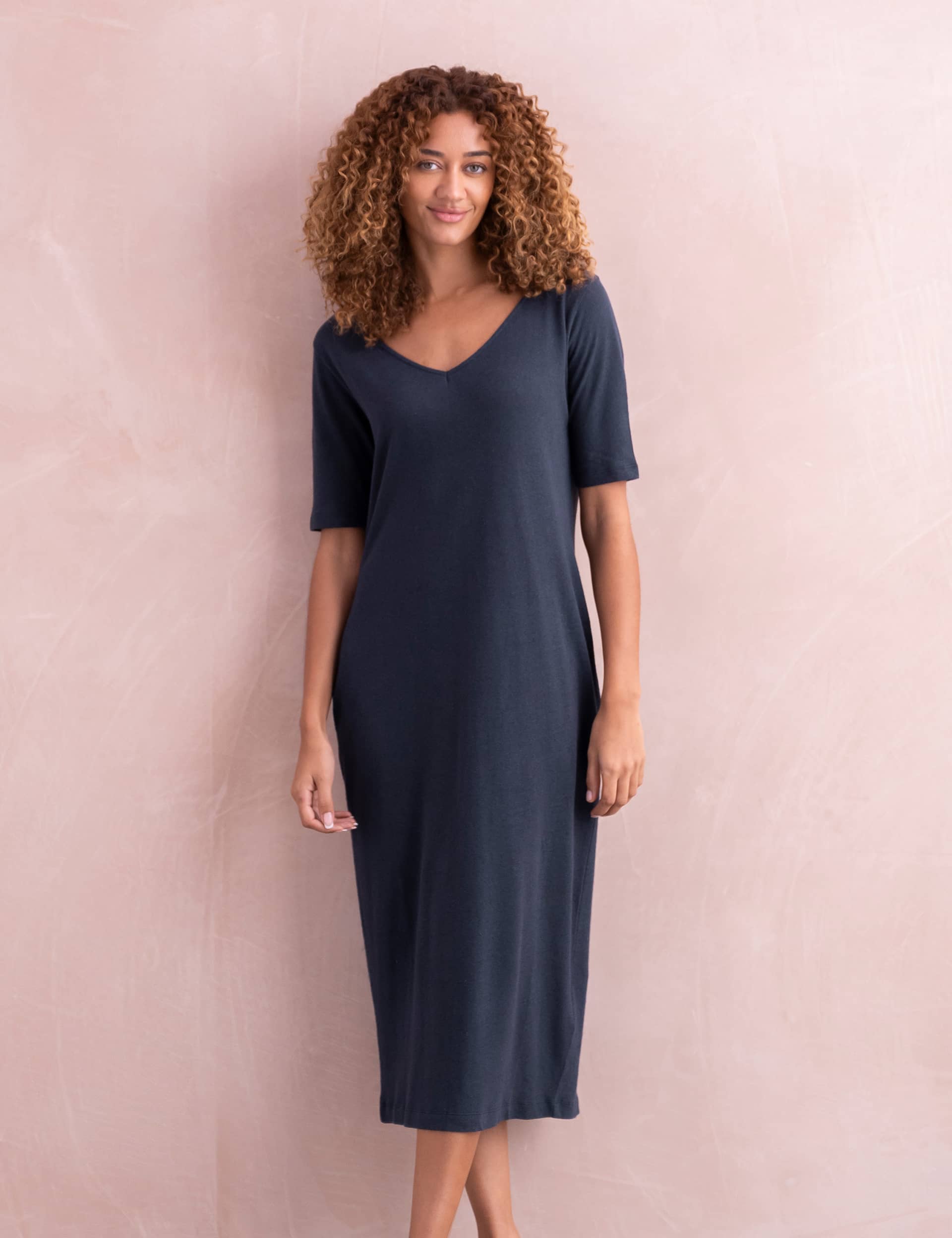 Celtic & Co. Women's Linen Blend V-Neck Midi Shift Dress - 8 - Navy, Navy