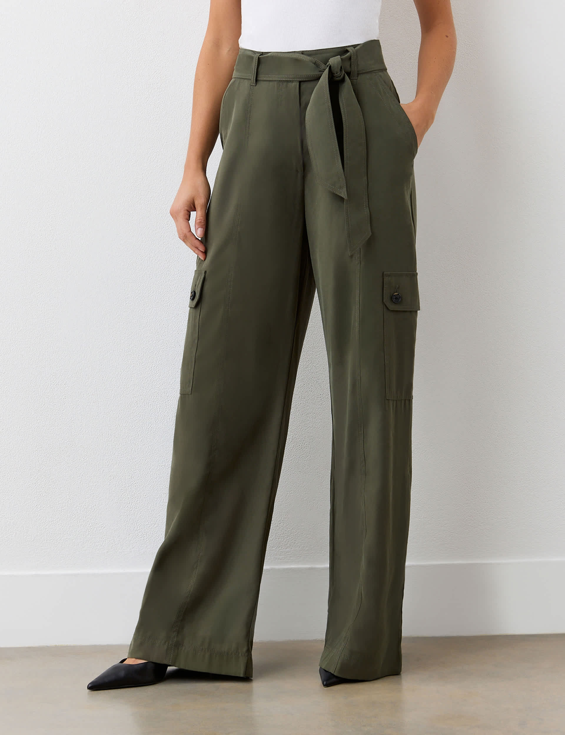 Finery London Women's Cargo Belted Wide Leg Trousers - 18 - Green, Black,Green,Burgundy